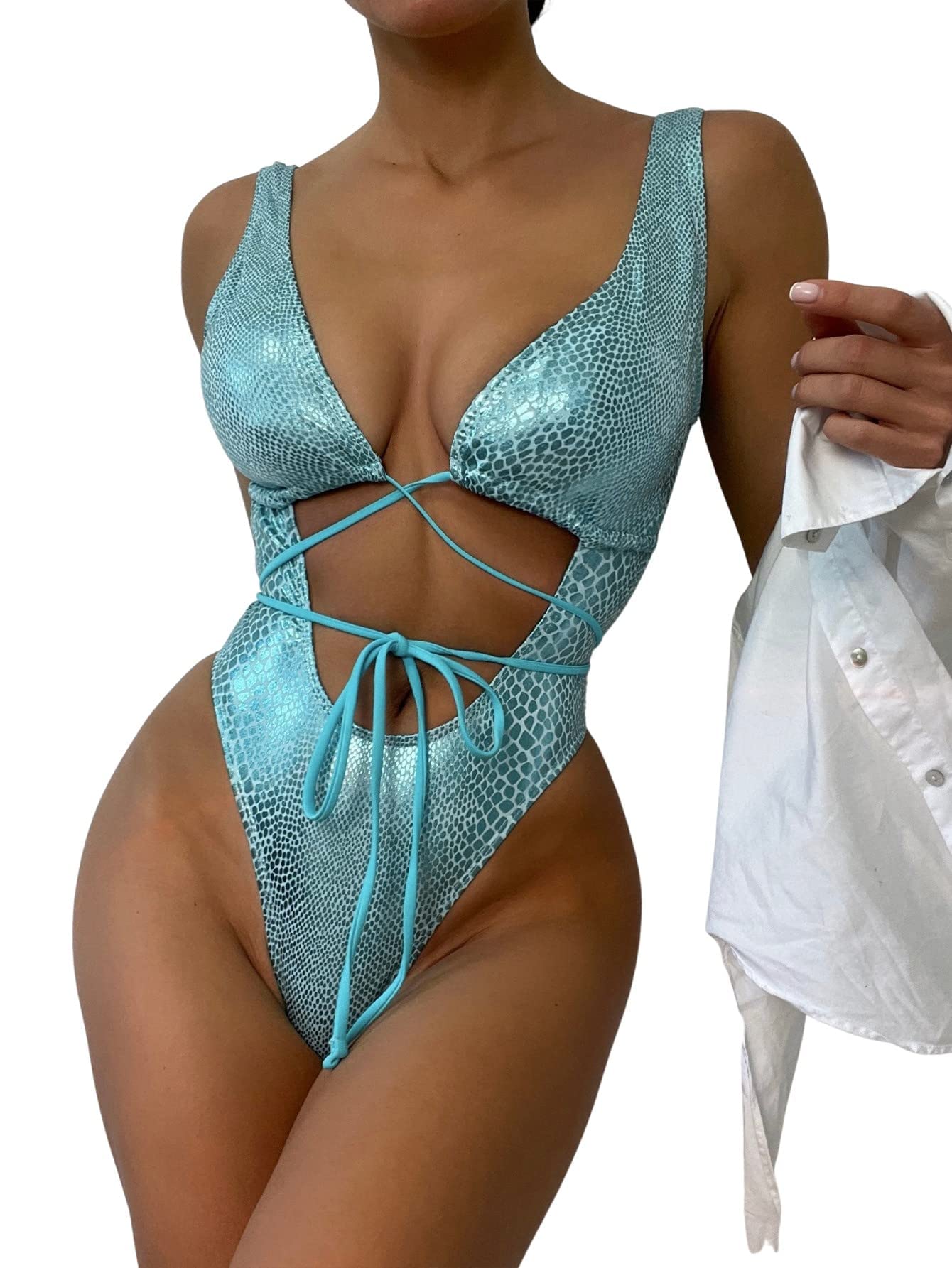 Women's Metallic Snakeskin One Piece Swimsuit - Sexy Rave & Beach Bathing Suit for Pool Party, Vacation, and Summer Outfits