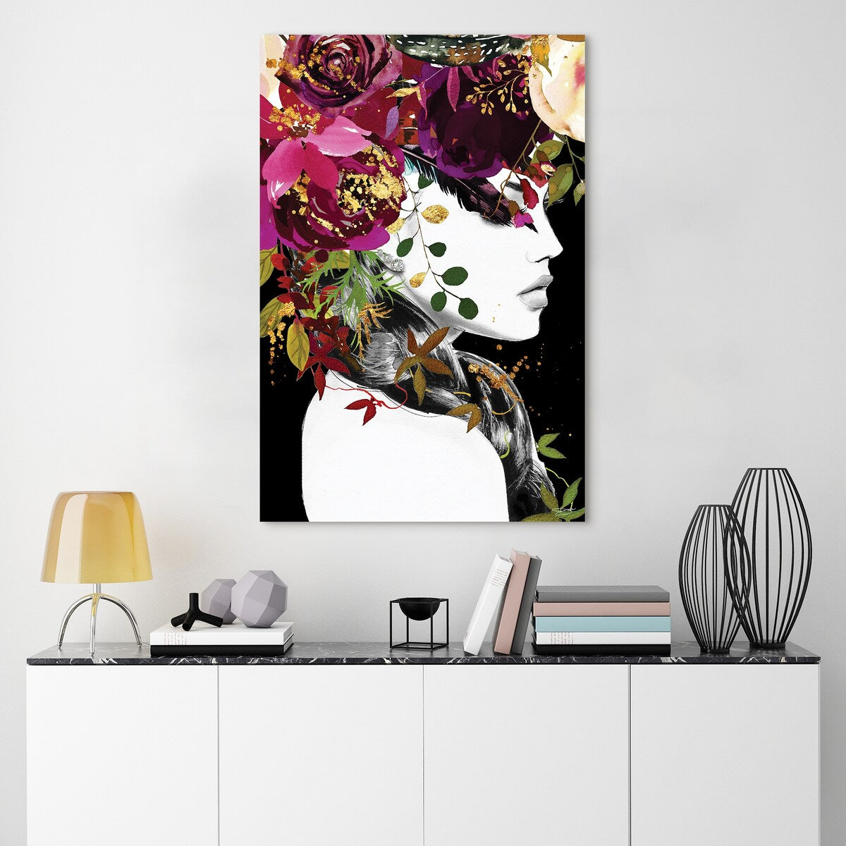 Frameless Floating Glass Wall Art - 24x24 Inch Modern Women & Flowers Tempered Glass Panel Decor for Living Room, Bedroom & Office