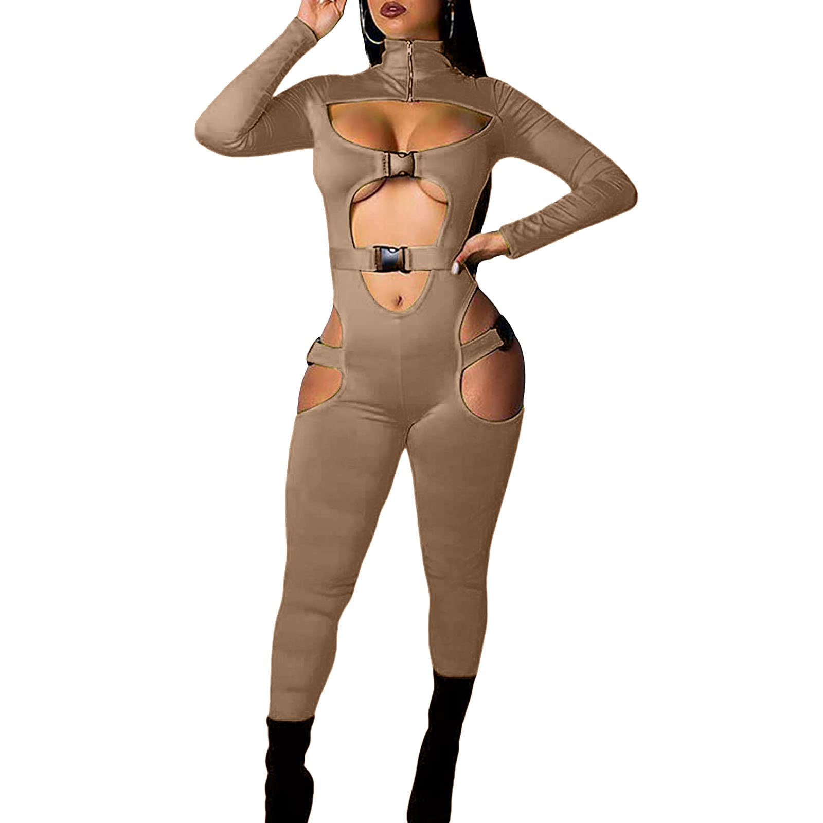 Women's Hollow Out Jumpsuit - Sexy High Neck Long Sleeve Bodycon Romper with Buckle Detail | Cut Out One Piece Long Pants for E-Girl Style | Perfect for Night Out, Club Wear & Street Fashion