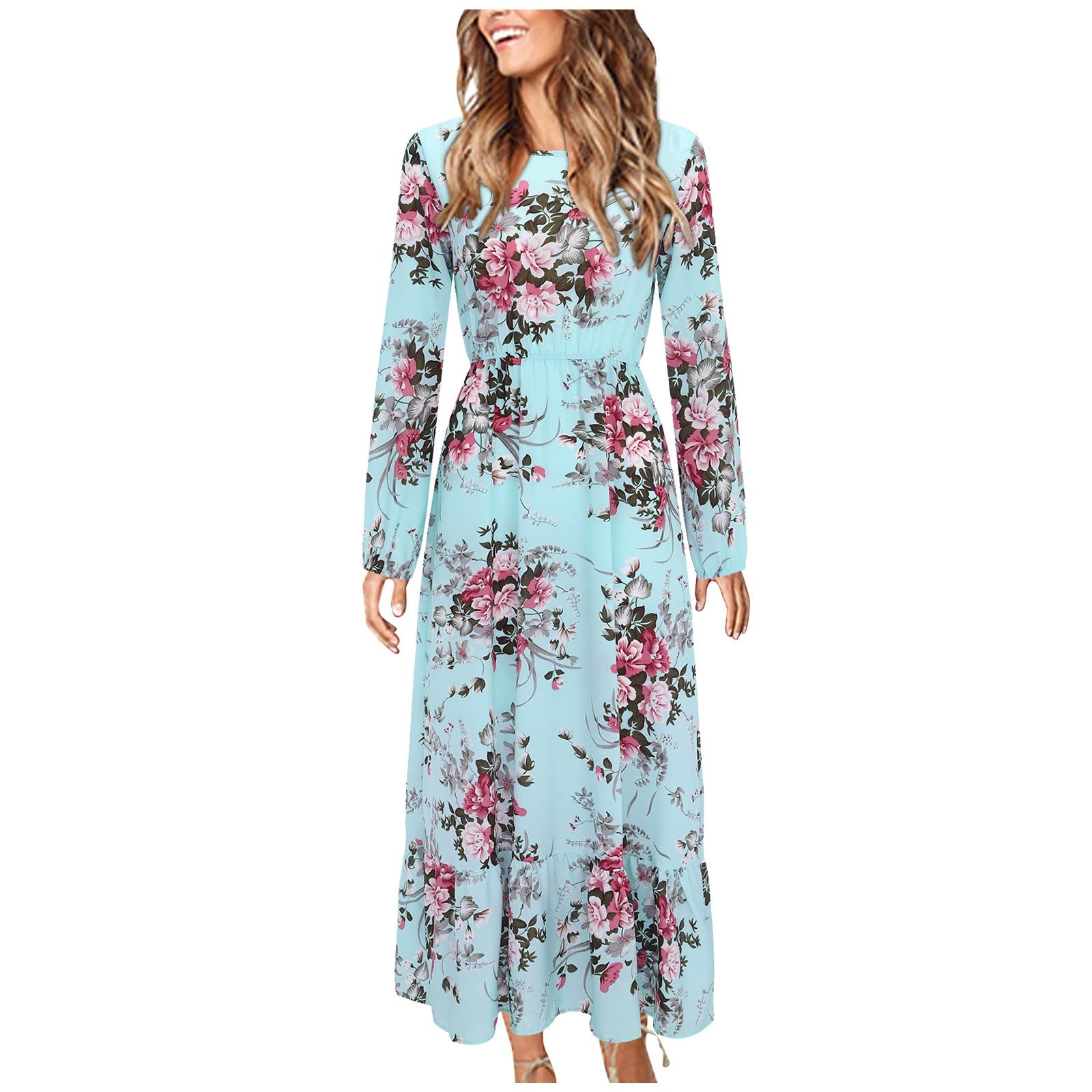 Elegant Floral Printed Long Sleeve Women's Casual Dress - Ruffle Tea Length Mother of The Bride Dress for Wedding, Party & Special Occasions