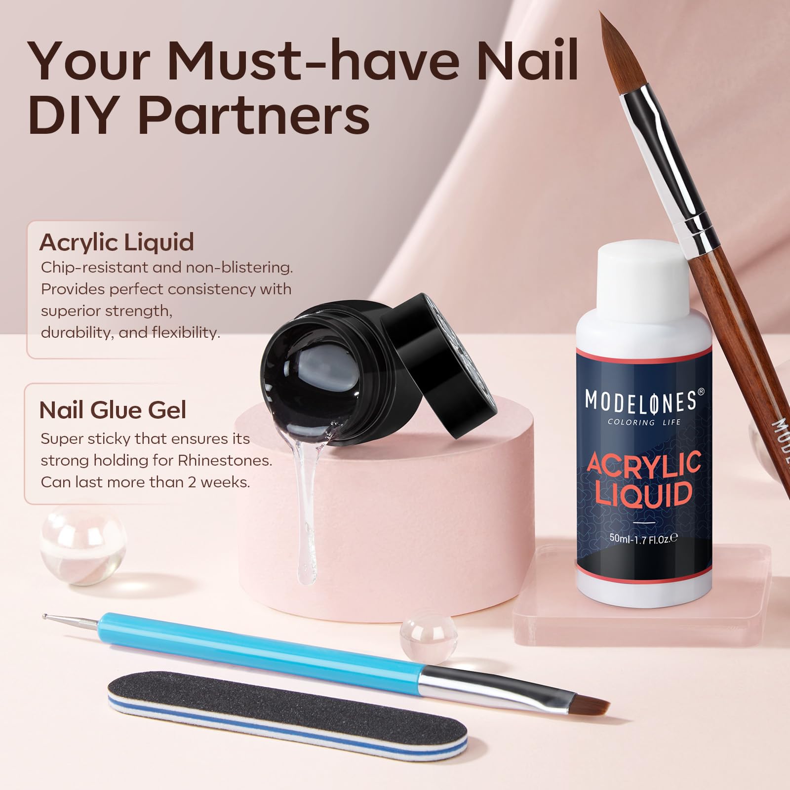 Modelones 14pcs Acrylic Nail Kit with Nude Acrylic Powder, Liquid Monomer, Nail Brush, Gel Glue & Top Coat - Professional Nail Extension Set for Beginners | DIY Salon Manicure at Home, Party & Special Occasion Nails