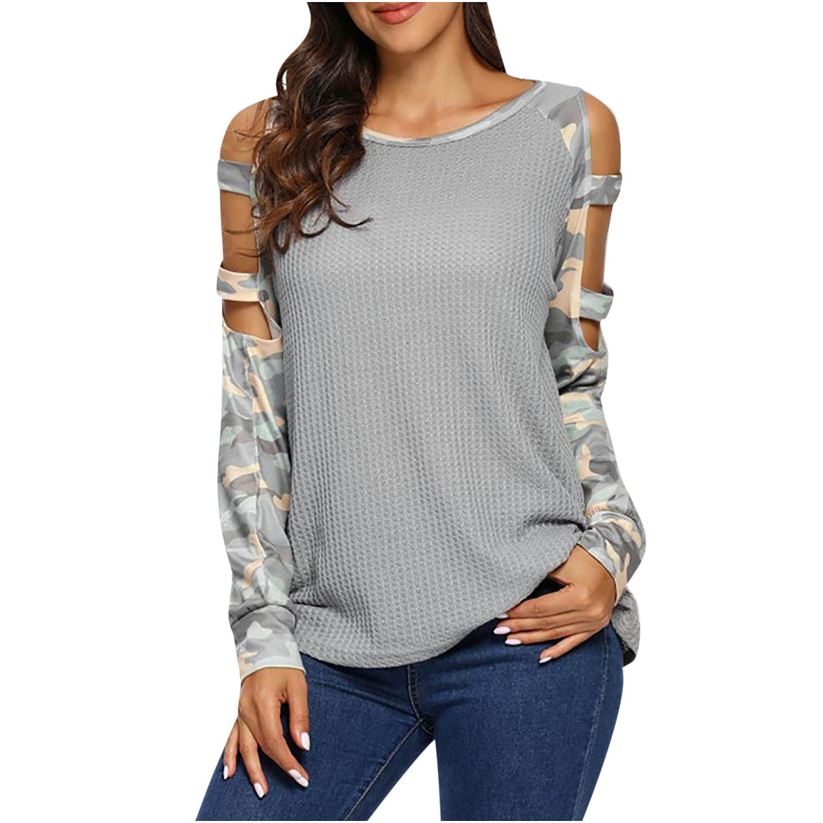 Women's Fall Camo Crewneck Tunic Top - Fashion Casual Loose Fit Long Sleeve Waffle Knit Blouse for Comfortable Everyday Wear | Perfect for Autumn Outings, Weekend Errands and Layering in Cool Weather