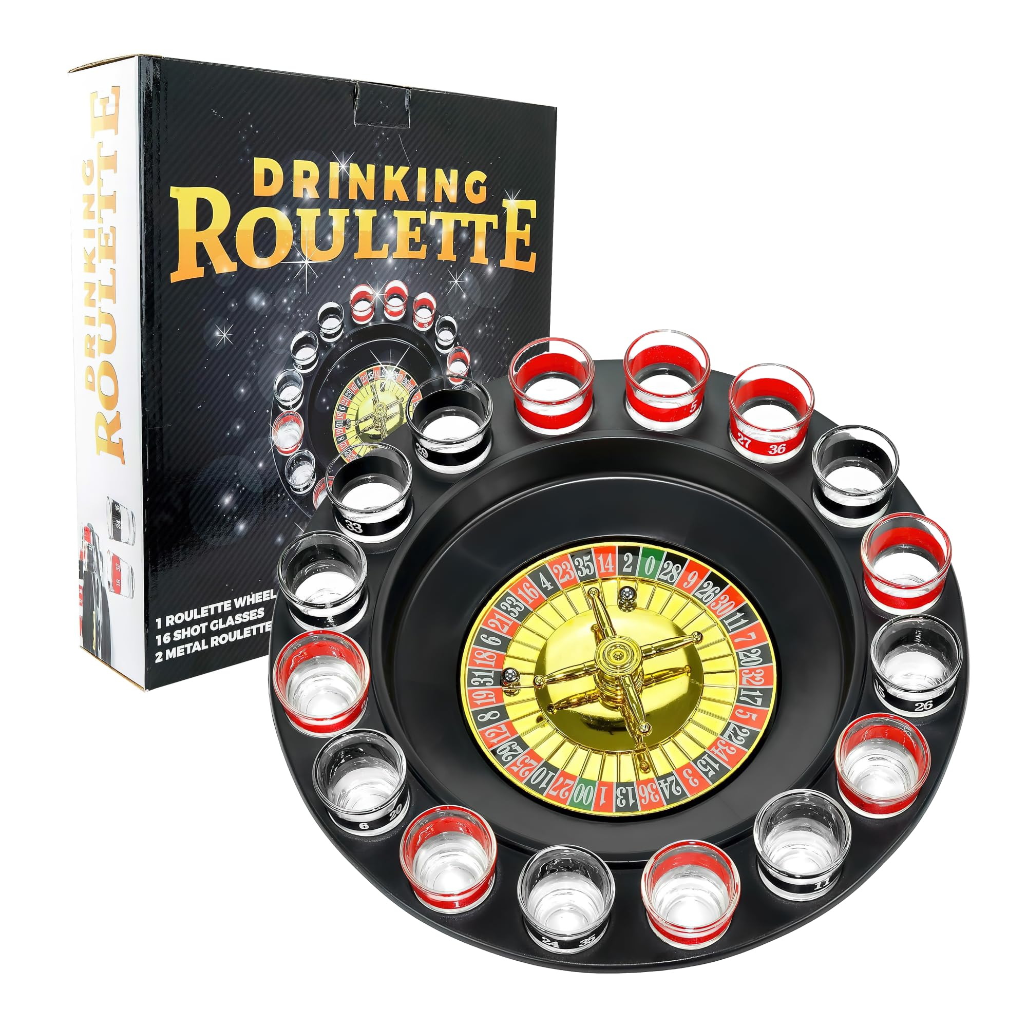 Fairly Odd Novelties Shot Roulette Drinking Game Set - 16pcs Red & Black Shot Glasses for Adults - Ultimate Party Game for White Elephant, Game Nights & Social Gatherings - Spin to Sip Fun Drinking Game for Bars, Bachelor Parties & College Events