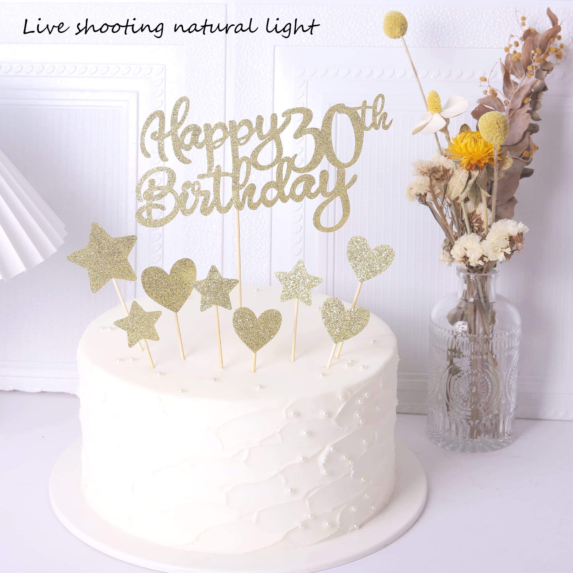 Rsstarxi 9 Pack Happy 30th Birthday Cake Topper Set - Glitter Heart & Star Cupcake Toppers for 30th Birthday Party Decorations | Perfect for Anniversary Cakes, Dessert Tables & Milestone Celebrations
