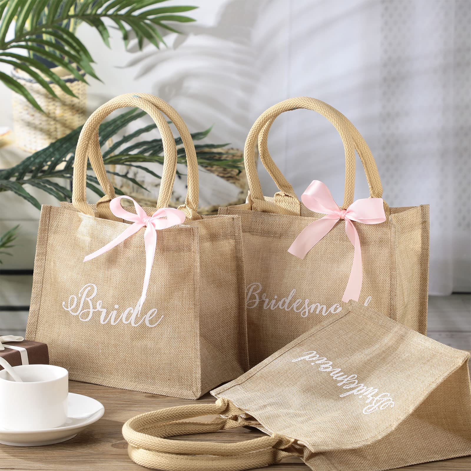 6 Pack Bridesmaid Tote Bags - Eco-Friendly Jute Burlap Wedding Gift with Pink Ribbon Handles (9.84