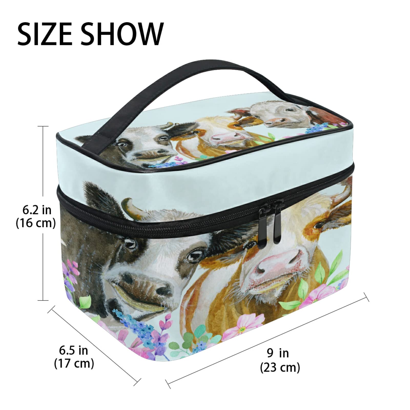 Waterproof Cosmetic Makeup Bag with Handle - Travel Organizer for Women & Girls, Cute Farm Cow Flower Design, Zippered Storage Pouch for Toiletries, Makeup Brushes, Jewelry | Perfect for Travel, Gym, Beach & Daily Use