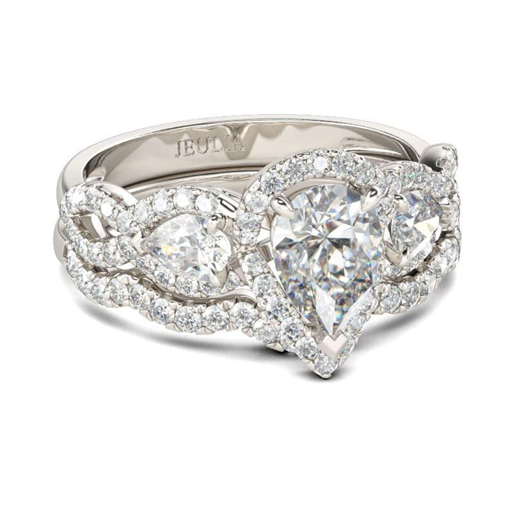 Jeulia 3 Carat Pear Cut Cubic Zirconia Engagement Ring Set - 925 Sterling Silver Three Stone Wedding Band, Halo Twist Eternity Promise Rings for Women - Perfect for Anniversaries, Proposals & Special Occasions