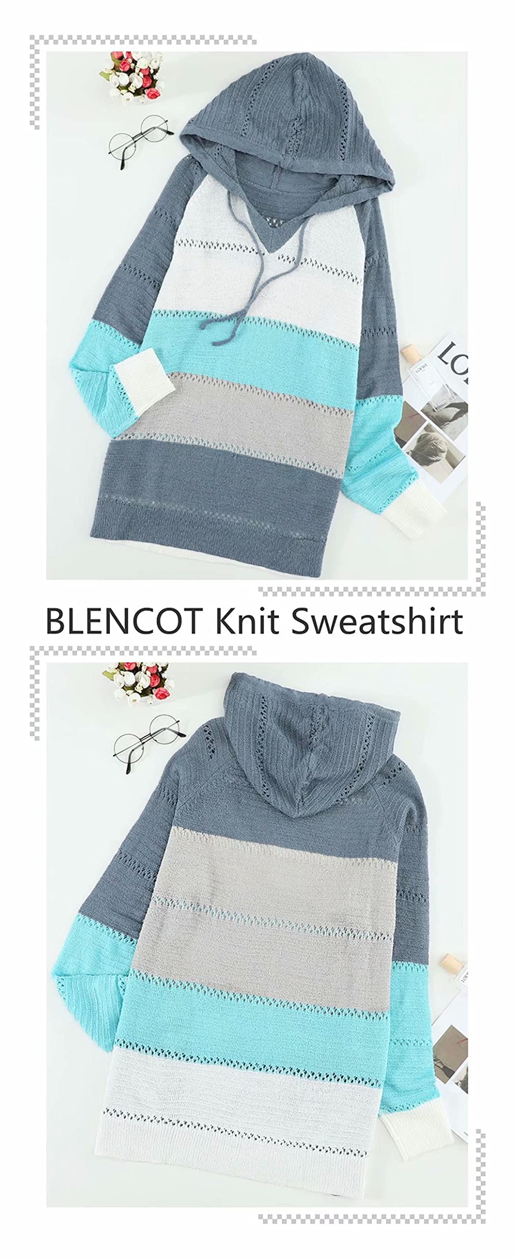 BLENCOT Women's Color Block Crochet Striped Hooded Sweater - Lightweight Drawstring Pullover Hoodie Trendy Sweatshirt for Casual Wear, Fall Fashion & Street Style Outfits