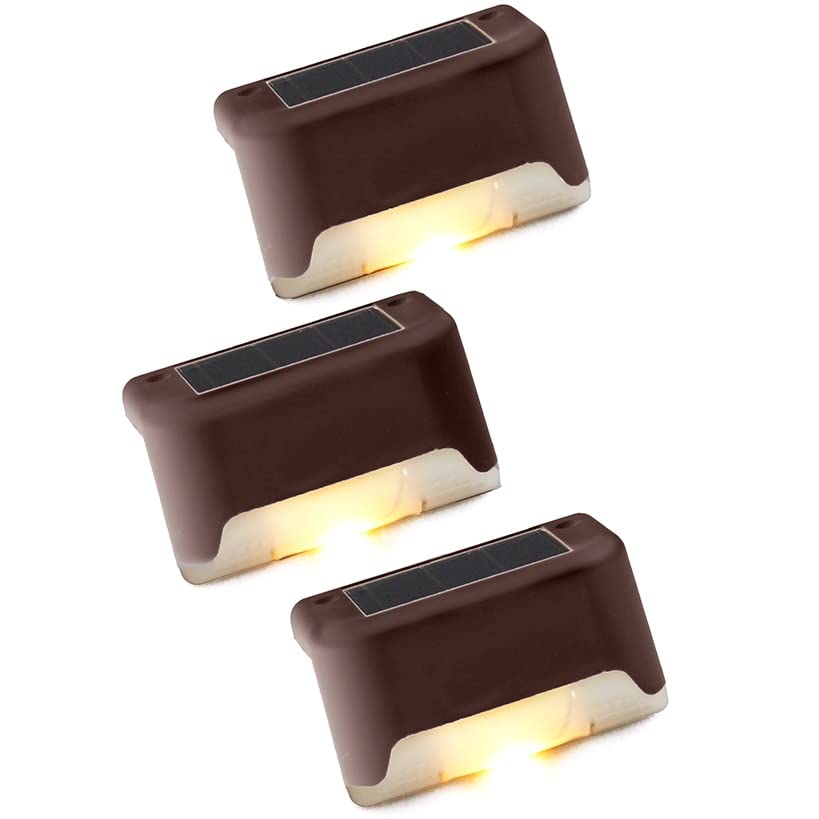 Solar Deck Lights Outdoor - Set of 3 Brown Waterproof LED Pathway Lights for Porch, Patio, Garden, Walkway - Weatherproof Solar Powered Landscape Lighting for Yard, Driveway, Stairs, Fence