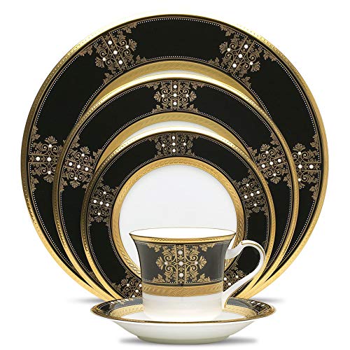 Noritake Evening Majesty 5-Piece Dinner Plate Set - Elegant Black Tableware for Formal Dining, Wedding & Special Occasions
