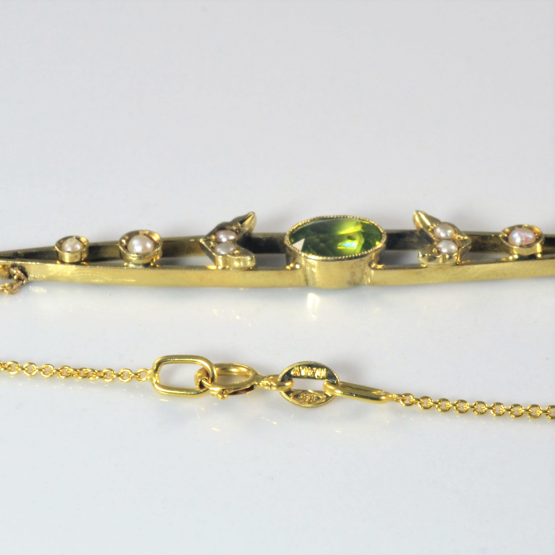 Edwardian Peridot & Pearl Bar Pendant Necklace - 0.65ct Genuine Peridot & Pearl - 18K Gold Plated - Vintage Inspired Jewelry - Perfect for Weddings, Anniversaries & Special Occasions