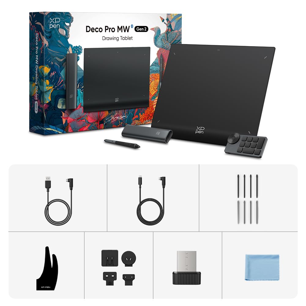 XP-PEN Deco Pro MW (Gen 2) Wireless Drawing Tablet with Bluetooth 5.0, 16K Pressure Sensitivity Stylus - Compatible with Windows, MacOS 10.10+, Chrome OS, Android 10.0+, Linux - Perfect for Digital Art, Graphic Design, Online Teaching & Remote Work