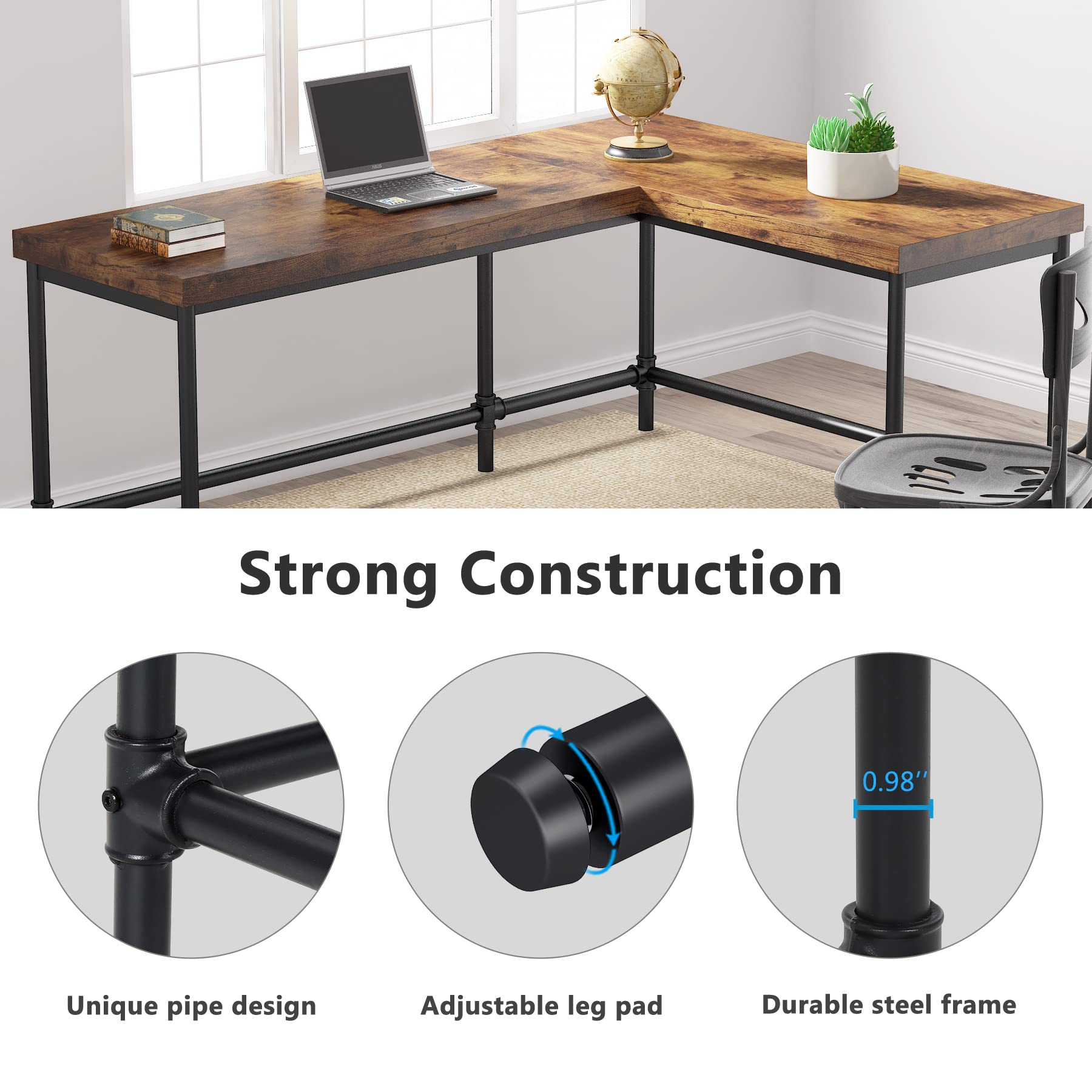Tribesigns 67 Inch L-Shaped Computer Desk - Reversible Corner Office Desk with Metal Pipe Legs, Industrial Style Workstation for Home Office, Study & Gaming (Rustic Brown) | Perfect for Small Spaces & Multi-Monitor Setups