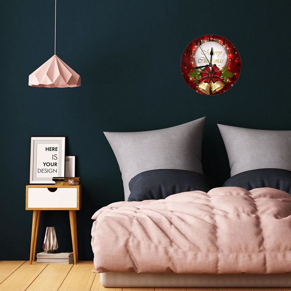 WONDERTIFY 10 Inch Silent Non-Ticking Christmas Wall Clock with Bells, Bow & Snowflakes - Battery Operated Round Decorative Clock in Red, Gold & Green - Perfect for Holiday Home Decor, Living Room, Bedroom & Christmas Gift