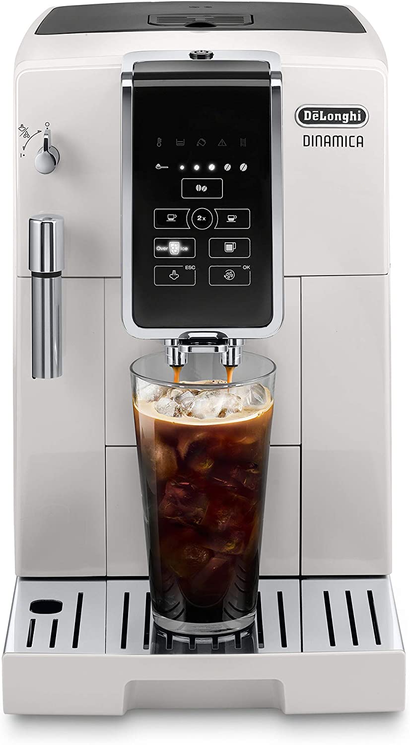 De'Longhi Dinamica Fully Automatic Coffee & Espresso Machine with Iced Coffee Function & Manual Milk Frother - White | Perfect for Home, Office & Entertaining Guests
