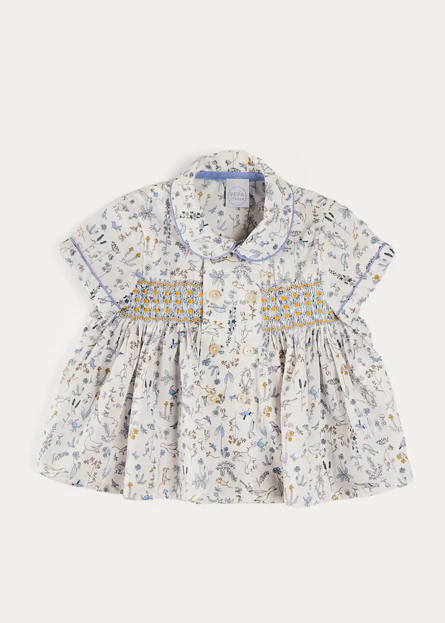 Ellis Liberty Print Hand Smocked Short Sleeve Baby Shirt - Blue Floral Cotton Top for Boys & Girls (6 Months to 4 Years) | Perfect for Spring Outfits, Family Photos & Special Occasions