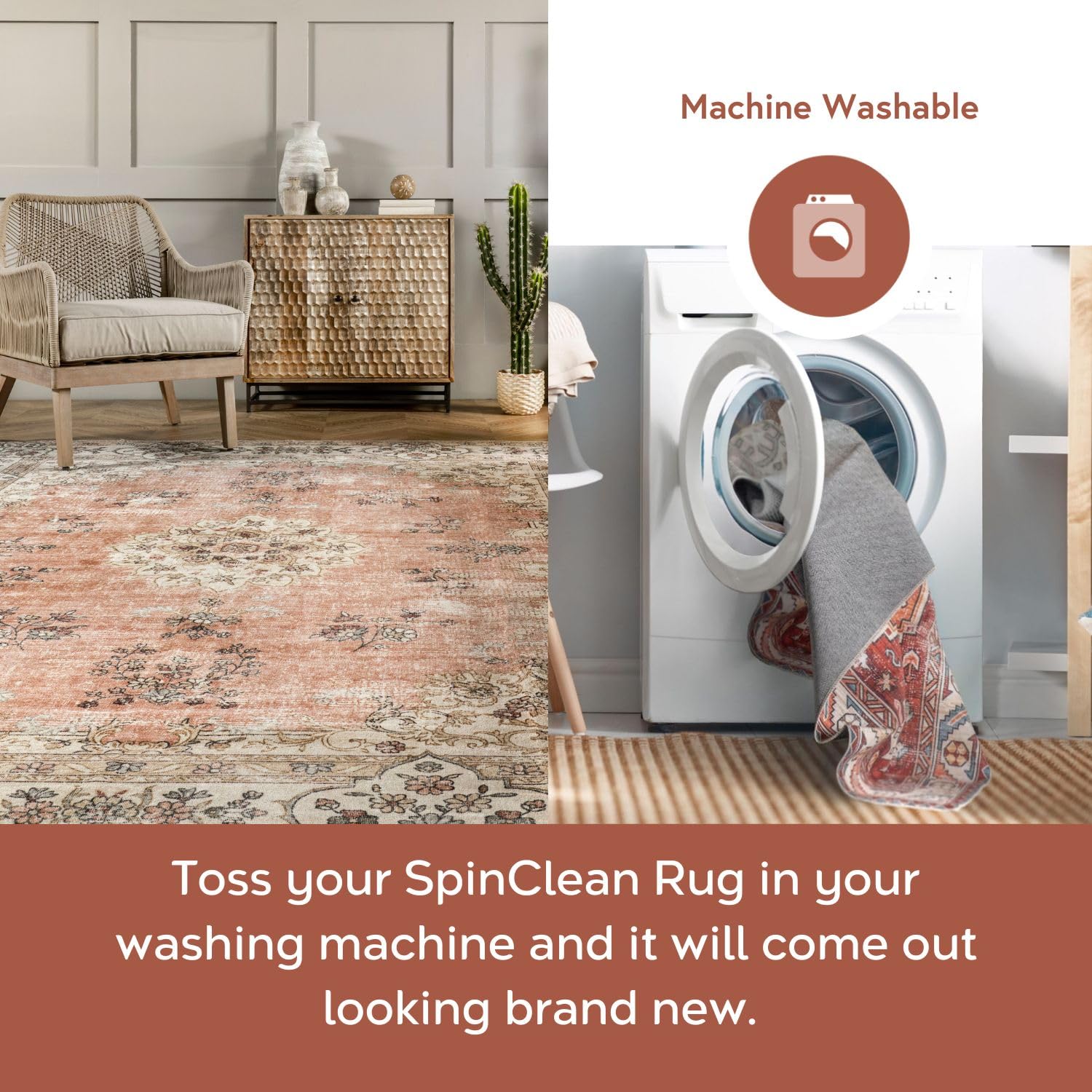 nuLOOM 8' x 10' Washable Area Rug - Stain Resistant & Non-Slip Backing - Low Pile Living Room, Bedroom, Dining Room Rug - Ren Peach - Perfect for High Traffic Areas, Pet-Friendly Homes & Modern Decor