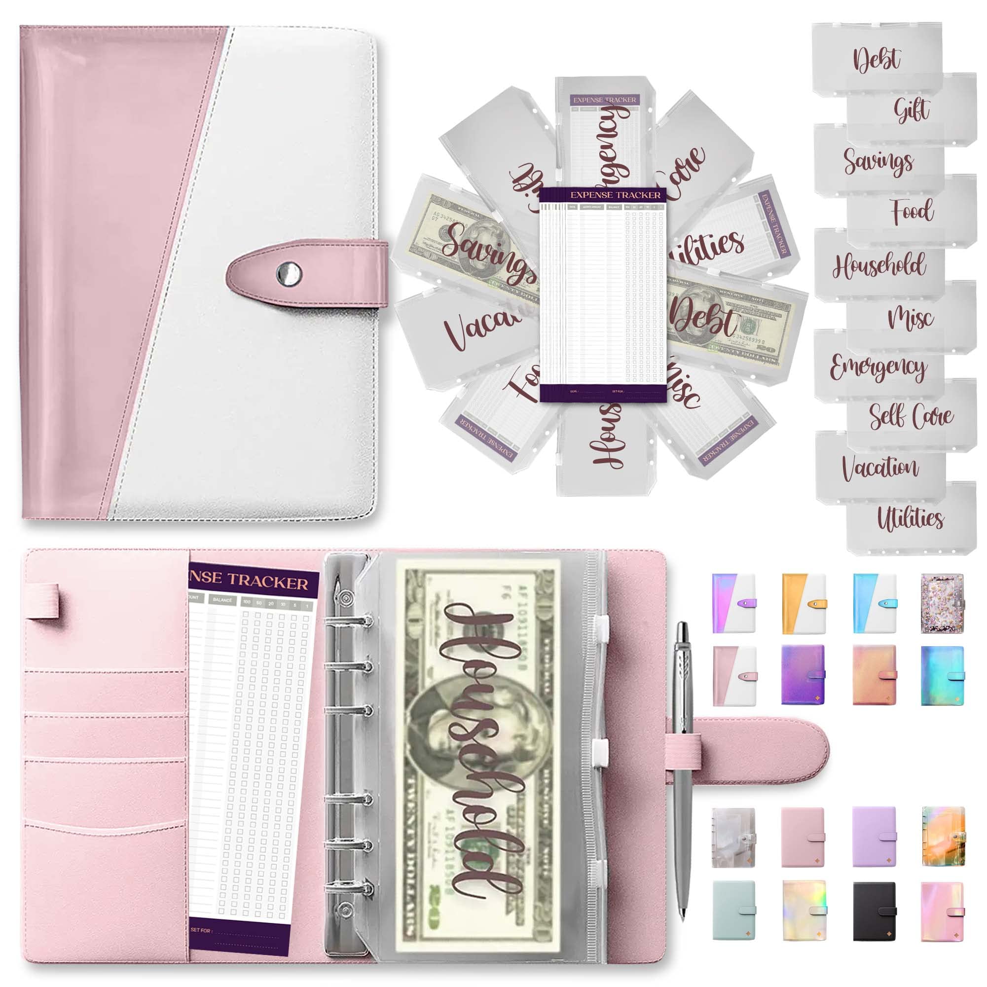 SOUL MAMA Premium A6 Budget Binder with Zipper Envelopes - Pink & White Money Organizer for Cash, Savings & Bills | Perfect for Dave Ramsey Envelope System, Home Budgeting & Travel Expense Tracking | Includes 10 Brown Printed Stickers