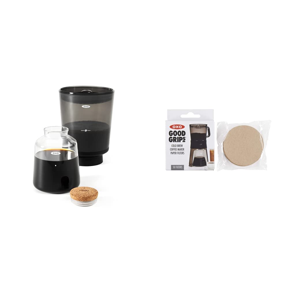 OXO Brew Compact Cold Brew Coffee Maker with Good Grips Replacement Paper Filters (50 Count) - Perfect for Iced Coffee at Home, Office, or Camping