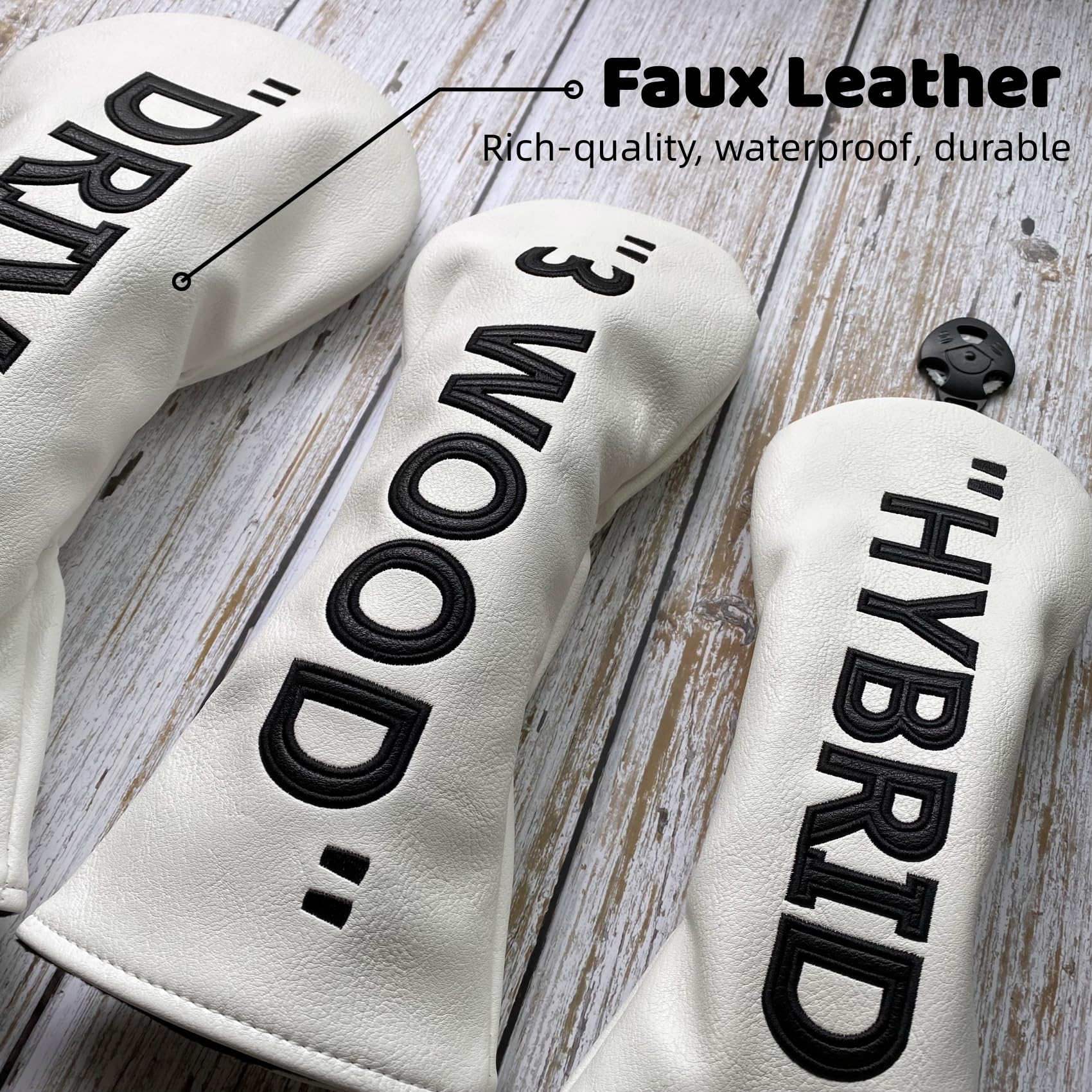 Premium PU Leather Golf Club Headcover Set - Driver, 3 Wood & Hybrid Head Covers (White with Black) | Protective Golf Accessories for Woods & Hybrid Clubs | Perfect for Course Play & Club Protection