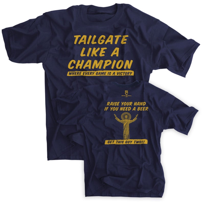 Notre Dame Fighting Irish Navy Touchdown Jesus T-Shirt - Tailgate Like a Champion - Perfect for Game Day, College Football Parties & Irish Fan Apparel