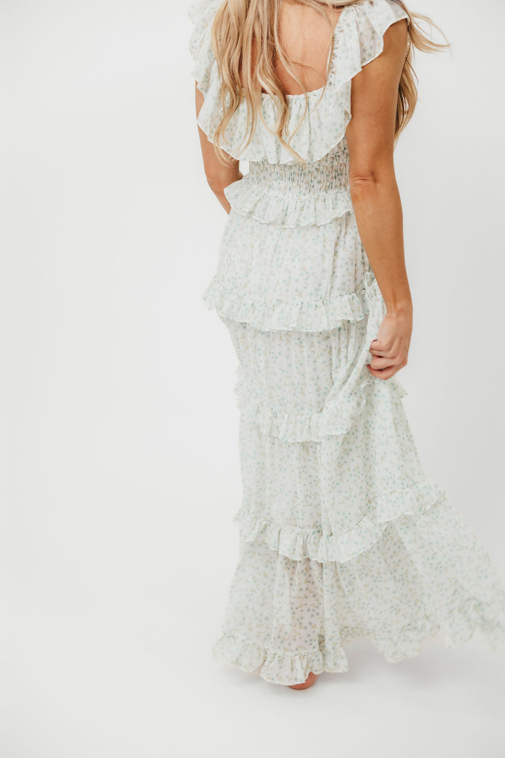 Astrid Ruffle Detail Maxi Dress in Sage Floral - Bump Friendly Maternity Dress for Pregnancy, Nursing & Special Occasions | Flowy Summer Dress for Beach, Wedding & Vacation