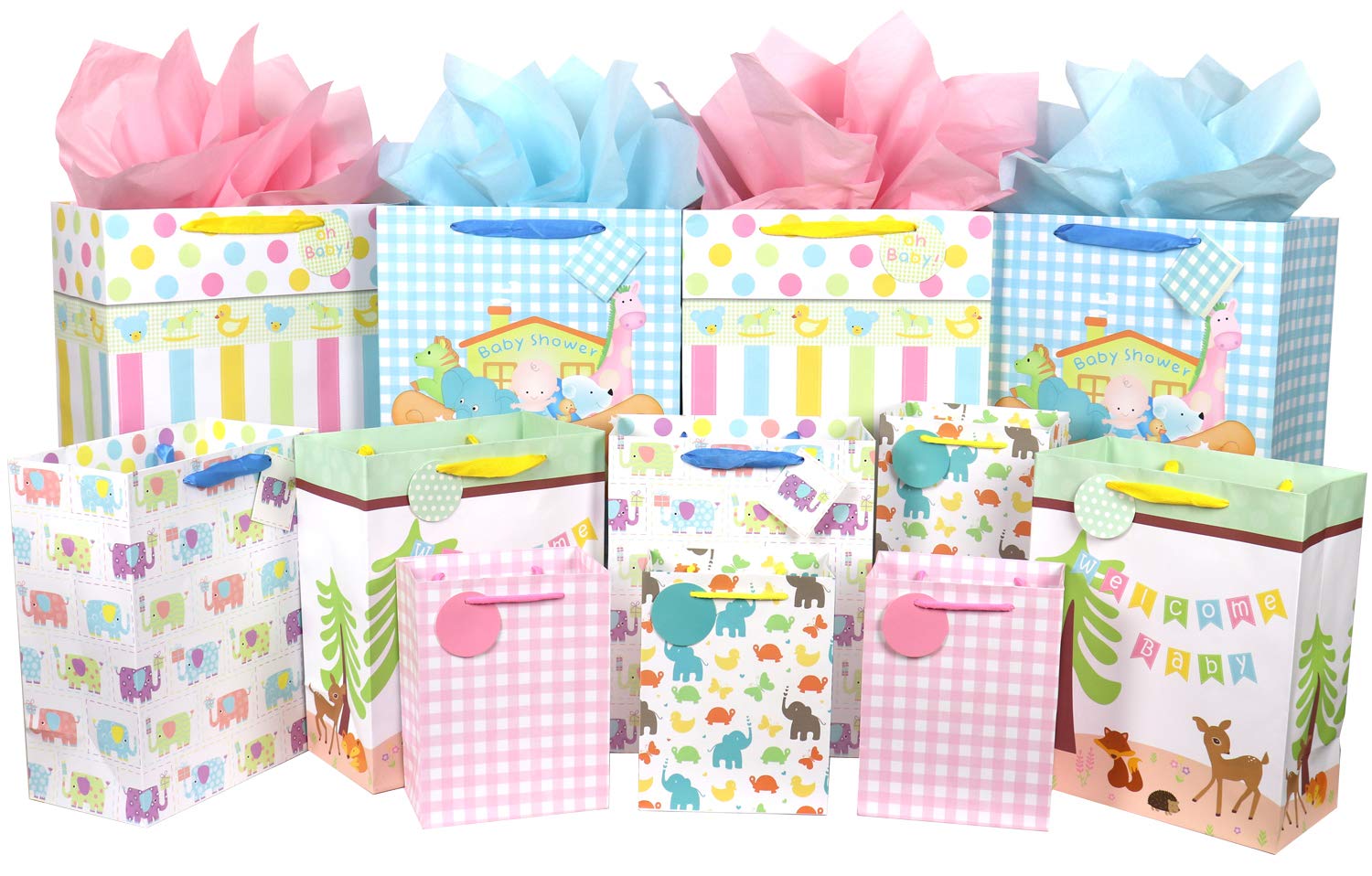 12 Pcs Baby Gift Bags Set - Large, Medium & Small Size Assortment for Baby Shower, Birthday Party Favors - Perfect for Baby Girl & Boy Gifts, Newborn Celebrations & Special Occasions