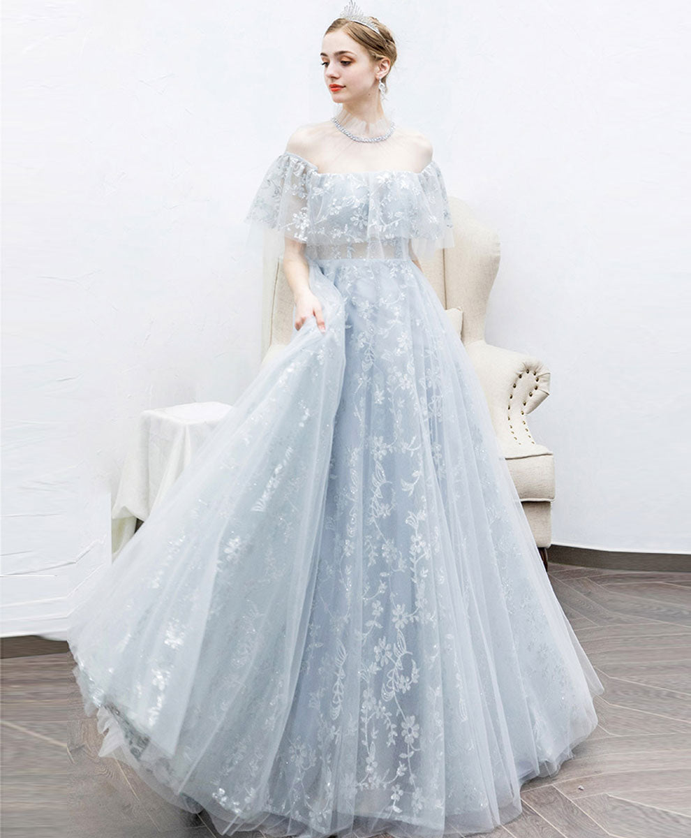 Elegant Gray Tulle Lace Long Prom Dress for Women - Formal Evening Gown for Homecoming, Wedding, Ball - Perfect for Special Occasions & Parties
