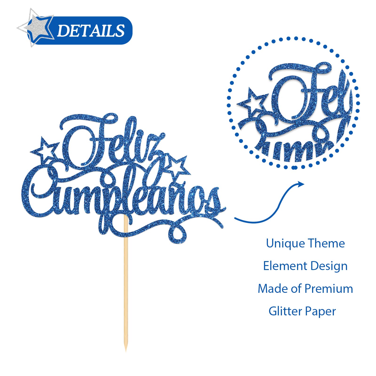 Feliz Cumpleaños Cake Topper - Spanish Happy Birthday Party Decorations with Blue Glitter | Fiesta Theme Cake Topper for Birthday Celebrations, Baby Showers & Special Events