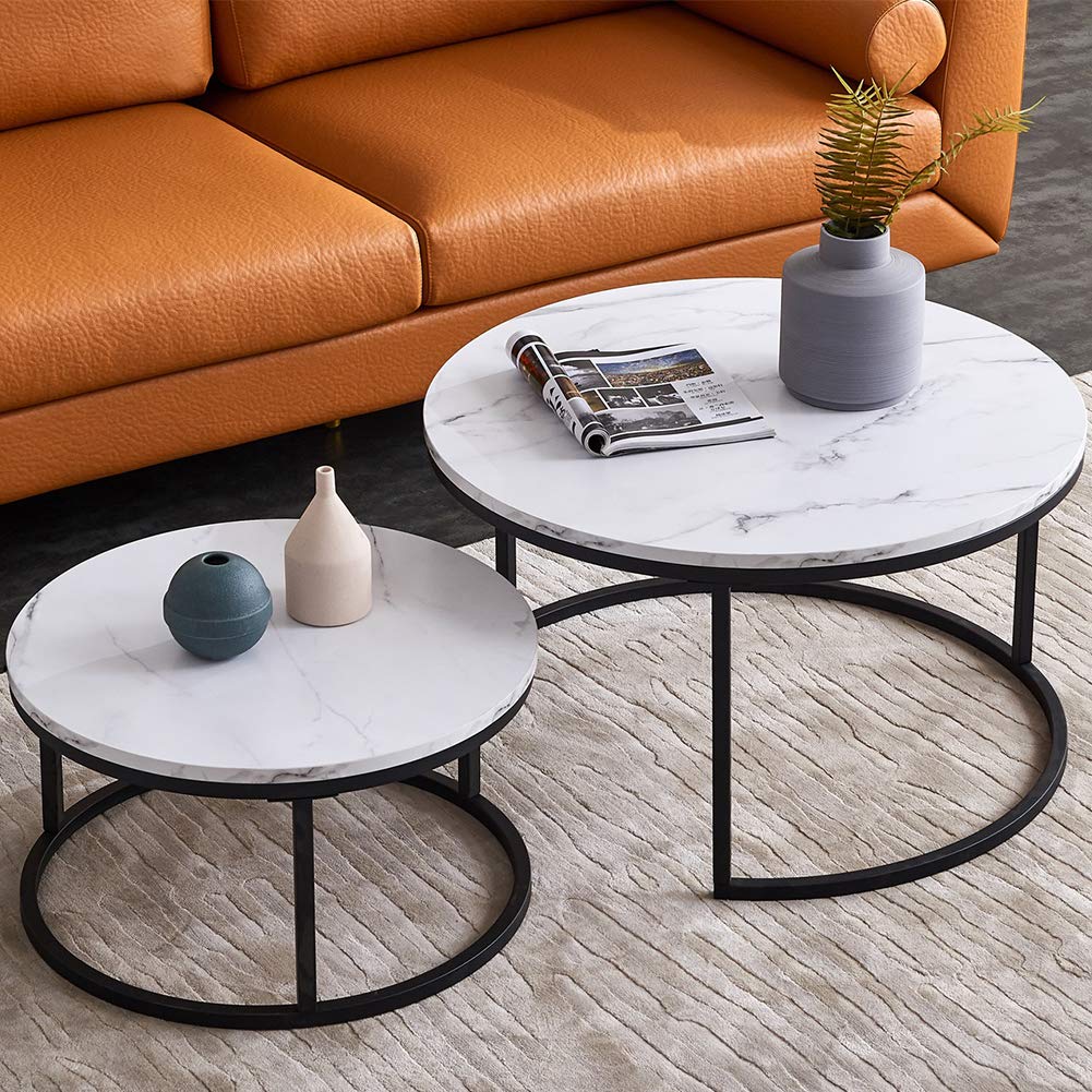Modern Round Wood Accent Nesting Coffee Table Set of 2 - Sturdy Metal Frame, Easy Assembly for Living Room, Balcony, Office - Perfect for Small Spaces & Home Decor