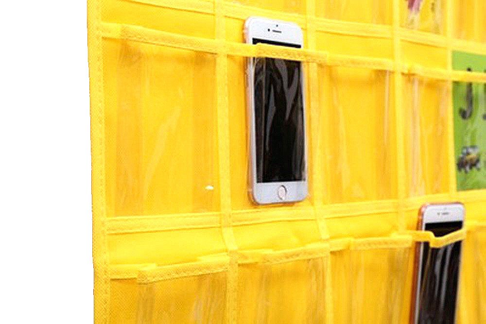 36-Pocket Hanging Cell Phone Holder Organizer for Classroom - Yellow | Wall-Mounted Storage Solution for Phones, Tablets & School Supplies