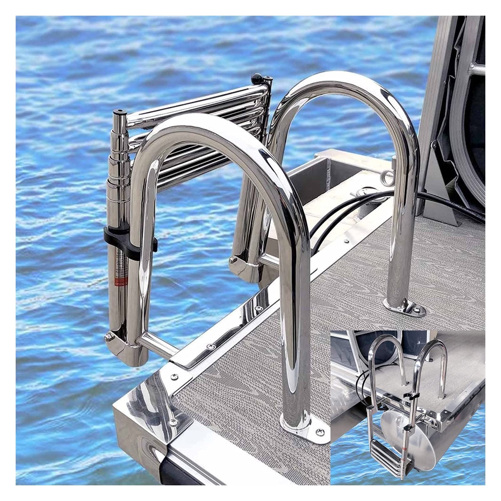 HWF 4-Step Telescopic Boat Ladder for Elderly & Adults - Foldable Marine Ladder with Handles for Pool, Pontoon, Inboard Boats - Safe Rear Entry Ladder for Swimming, Fishing & Water Activities