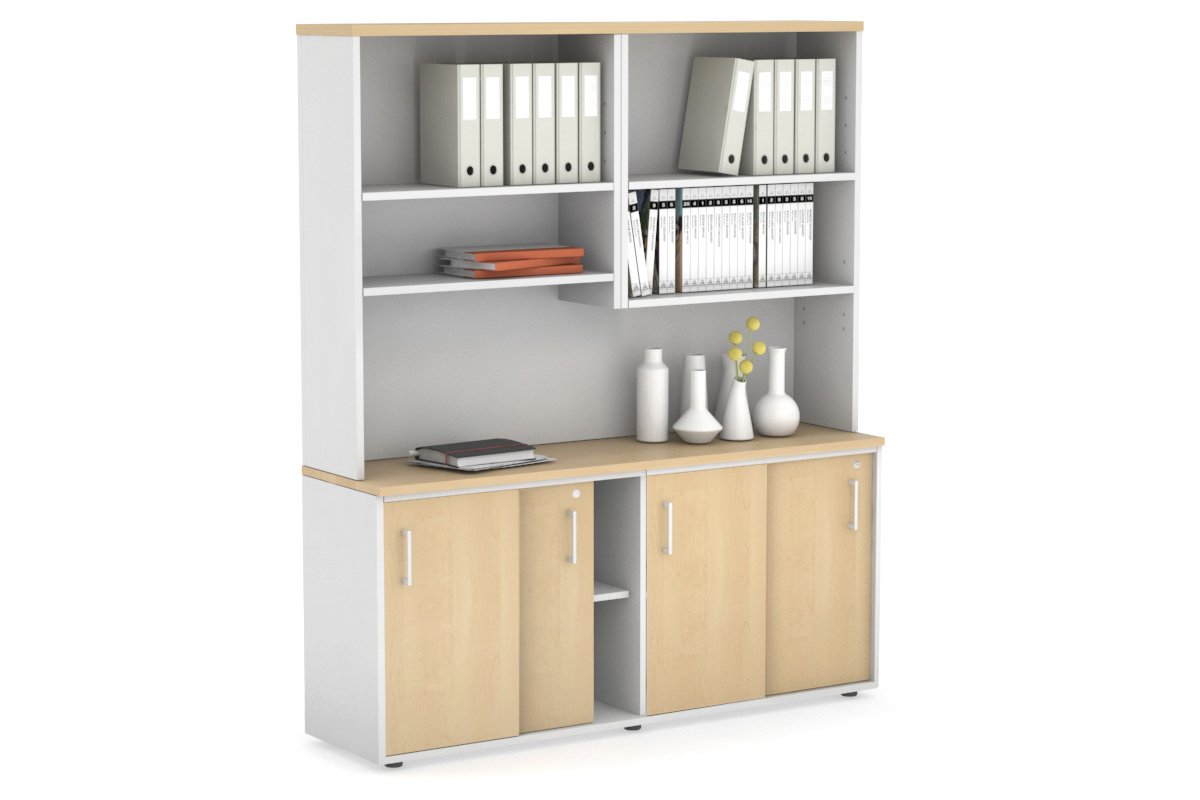 Modern White Sliding Door Credenza with Open Hutch - 1600W x 750H x 450D - Perfect for Home Office, Living Room & Bedroom Storage Organization