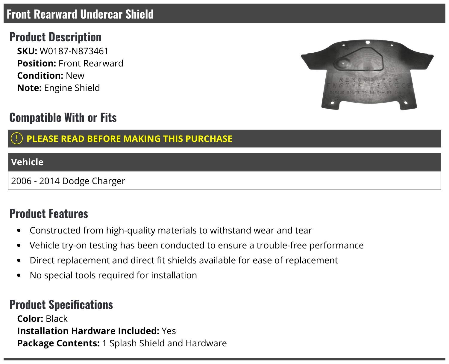 2006-2014 Dodge Charger Front & Rear Undercar Engine Shield - Heavy Duty Protection for Off-Road & Winter Driving