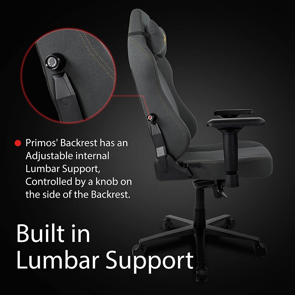 Arozzi Primo Premium Woven Fabric Gaming Chair - Ergonomic High Back Office Chair with 4D Adjustable Armrests, Recliner, Swivel & Tilt Function, Built-in Lumbar Support & Neck Pillow - Dark Grey with Gold Accent - Perfect for Gaming, Working & Home Office Setup