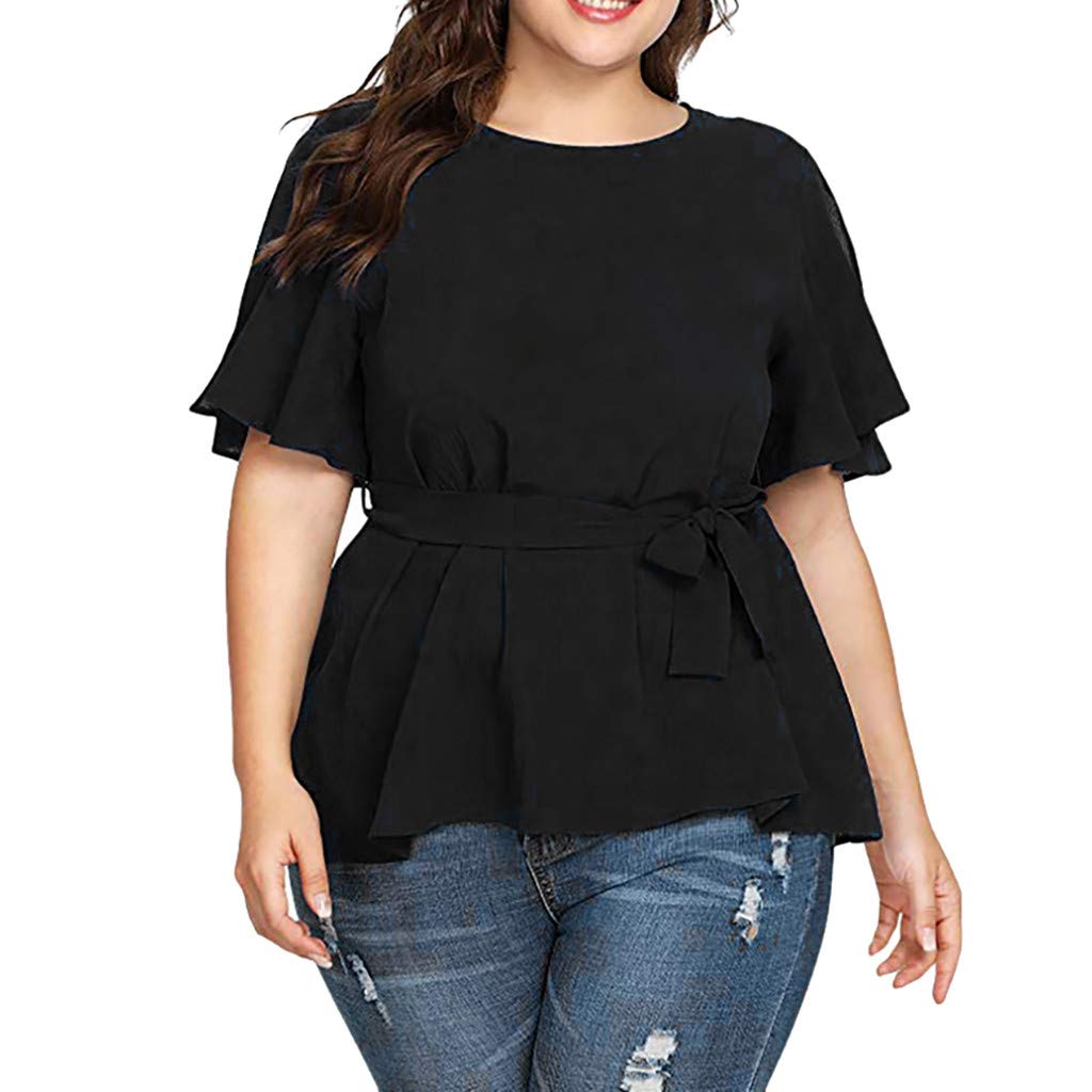 Plus Size Women's Blouse - Solid Color Short Sleeve Shirt with Knot Belt Detail | Casual & Office Wear Tops for Women