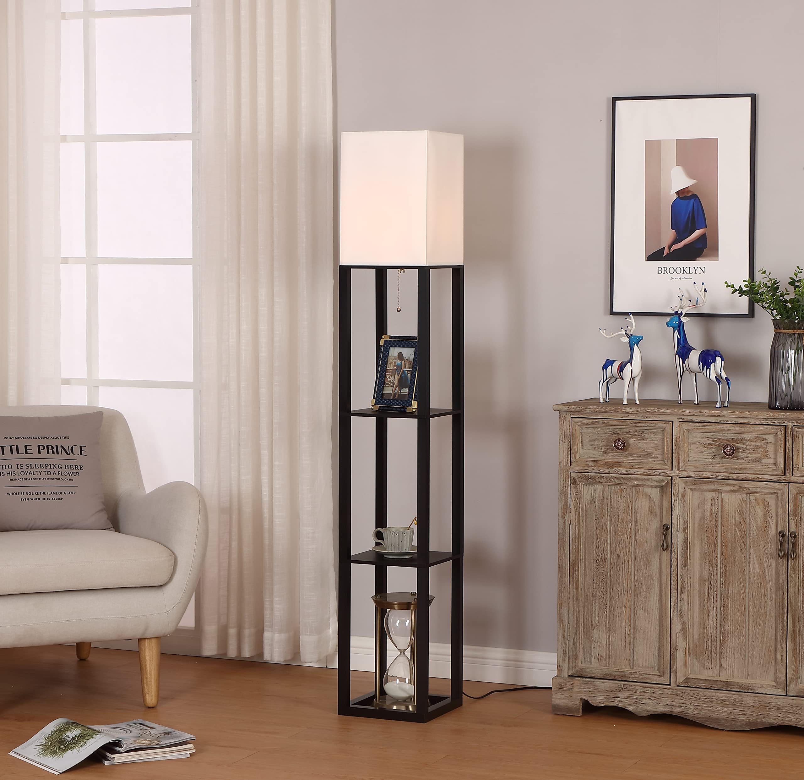 HomeFocus - Modern LED Shelf Floor Lamp with Display Shelves, White Linen Shade & Wooden Base in Black - Perfect for Living Room, Bedroom, or Office Lighting & Decor