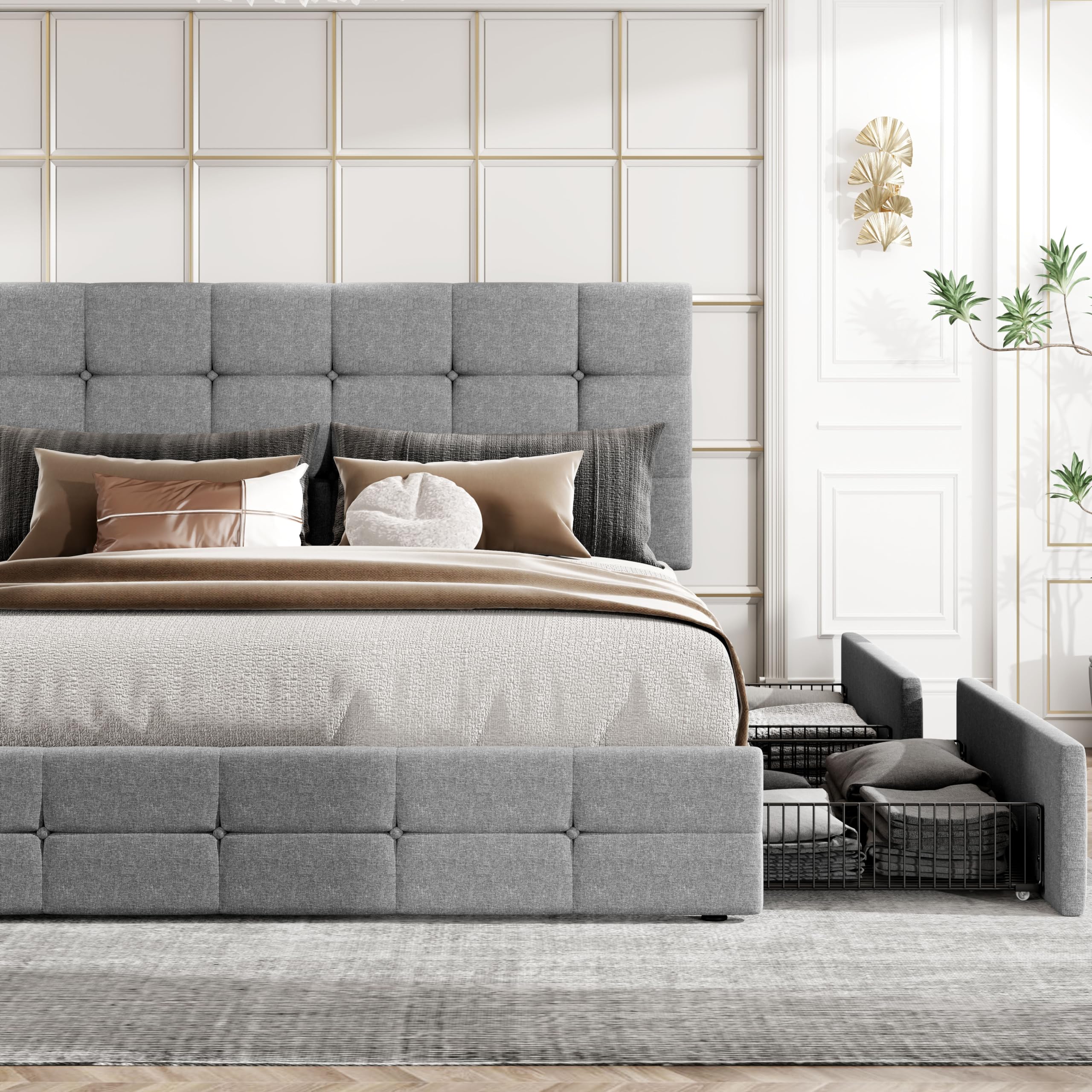 HOOMIC Queen Size Storage Bed Frame with 4 Drawers - Adjustable Tufted Headboard, Wooden Slats Support, No Box Spring Needed | Noise Free, Easy Assembly | Light Grey Modern Platform Bed for Small Space Bedroom, Guest Room & Apartment