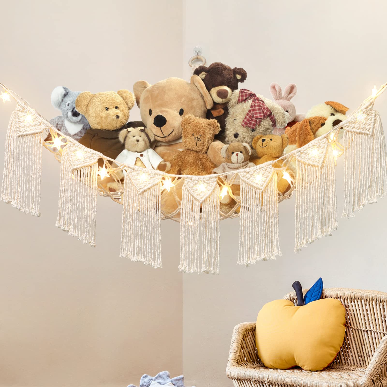 Dremisland Macrame Boho Plush Toy Hammock with Fairy Lights & Tassels - Stuffed Animal Organizer Storage Net for Nursery, Playroom & Kids Bedroom - Perfect for Organizing Stuffed Toys in Corners or Above Beds