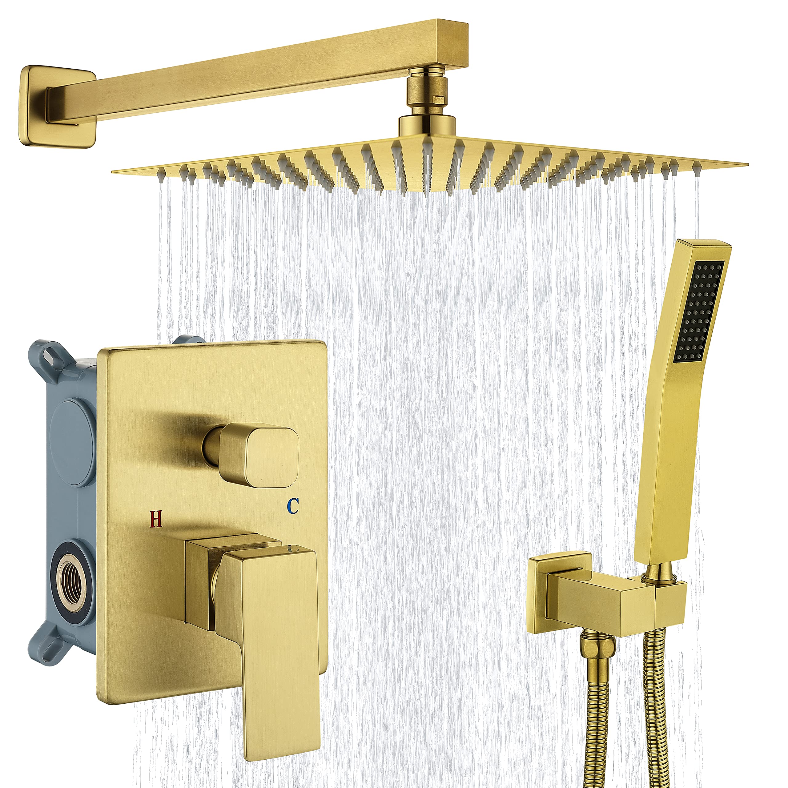 DMDMBATH 10 Inch Rainfall Shower Head & Handheld Shower Combo Set - High Pressure Bathroom Shower System with Brushed Gold Finish - Perfect for Master Bathroom, Spa-Like Shower Experience & Luxury Home Renovation