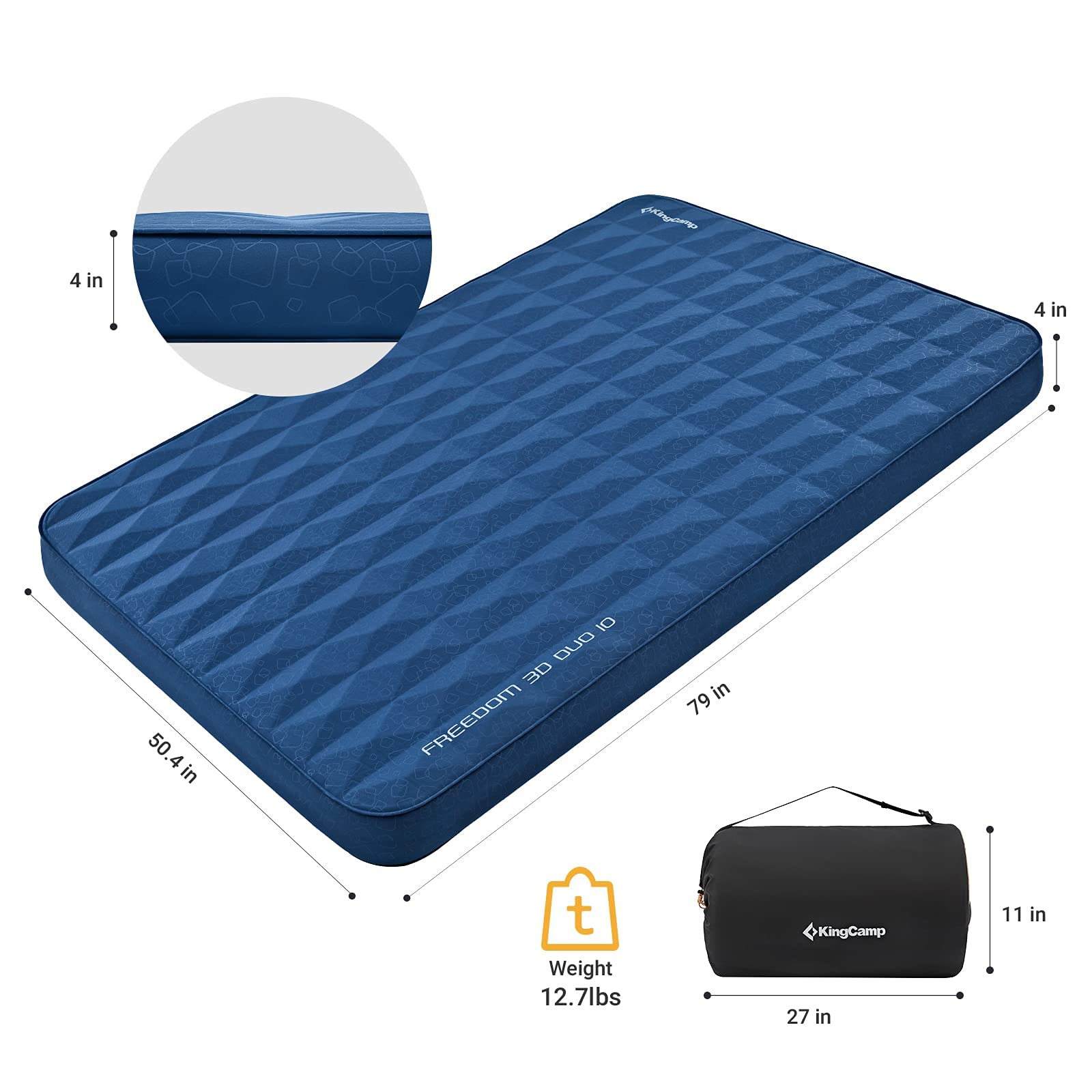 KingCamp Self-Inflating Camping Sleeping Pad with Built-in Pillow - Ultralight, Durable Air Mattress for Backpacking, Hiking & Outdoor Adventures (4 Sizes: Single/Double) - Perfect for Tents, RVs & Car Camping