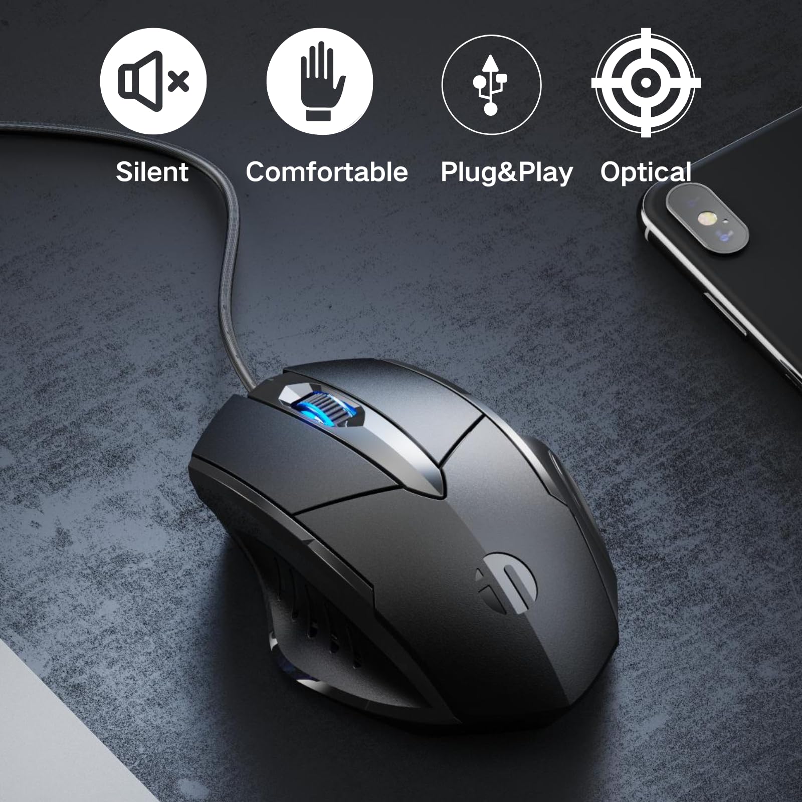 Silent USB Wired Mouse - 1200DPI Ergonomic for PC & Laptop - Home Office Use