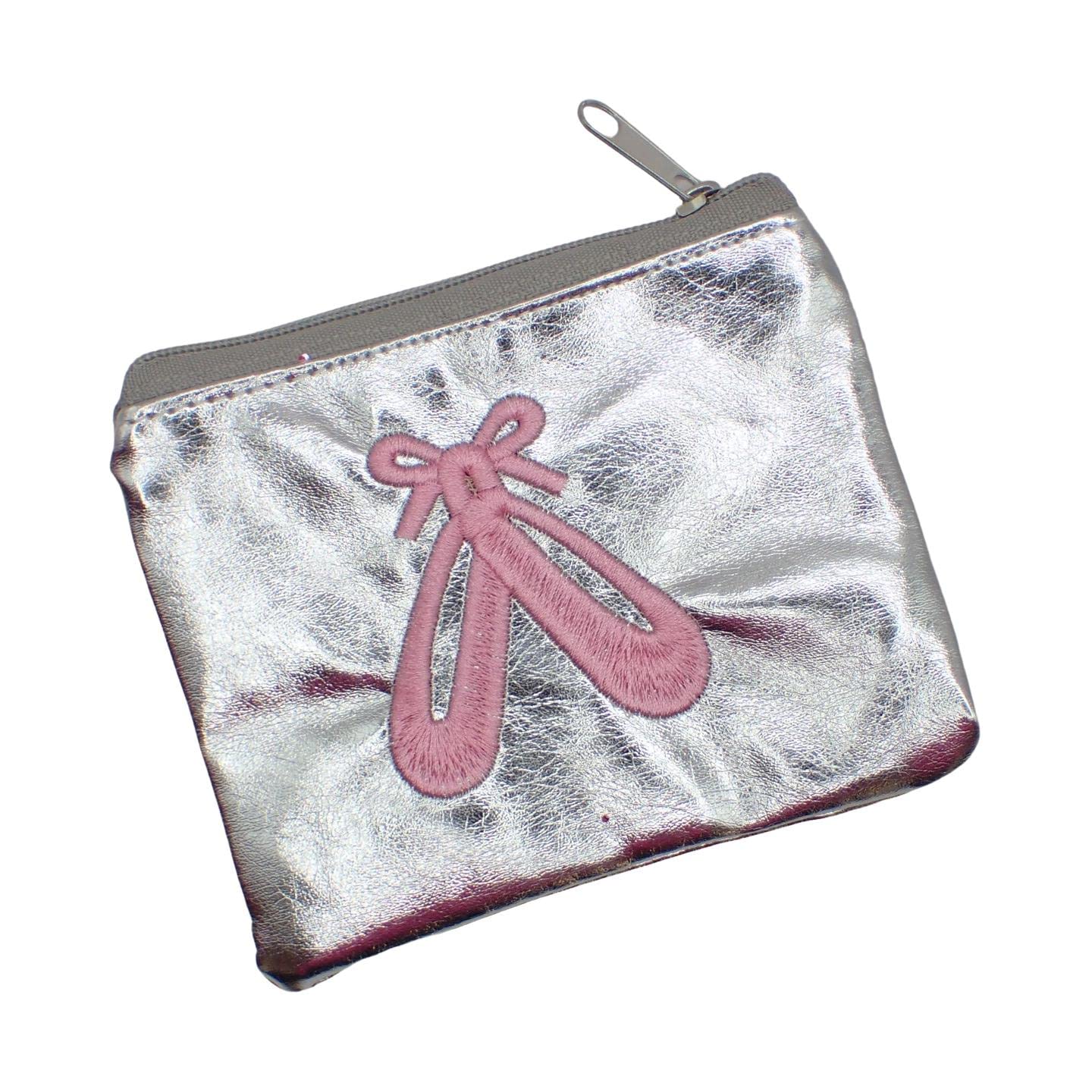 Topkids Cute Kids Wallet for Girls & Boys - Small Coin Purse with Zipper Closure, Ballet Shoes Design in Metallic Silver | Perfect for School, Dance Class & Birthday Gifts