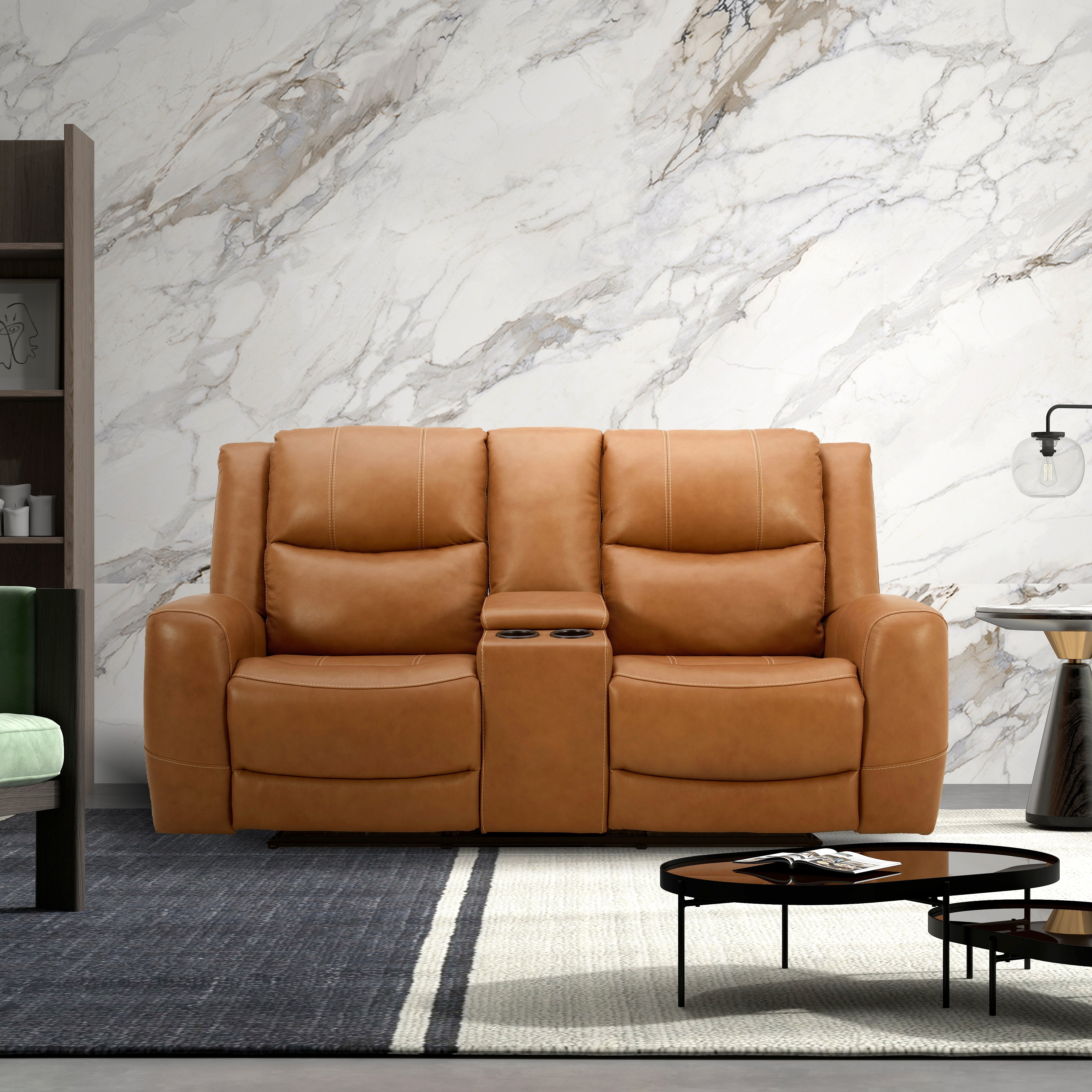Roundhill Furniture Cozura Genuine Leather Power Reclining Loveseat with Console - Dual Motor, USB Charging & Cup Holders - Perfect for Living Room, Home Theater & Family Gatherings