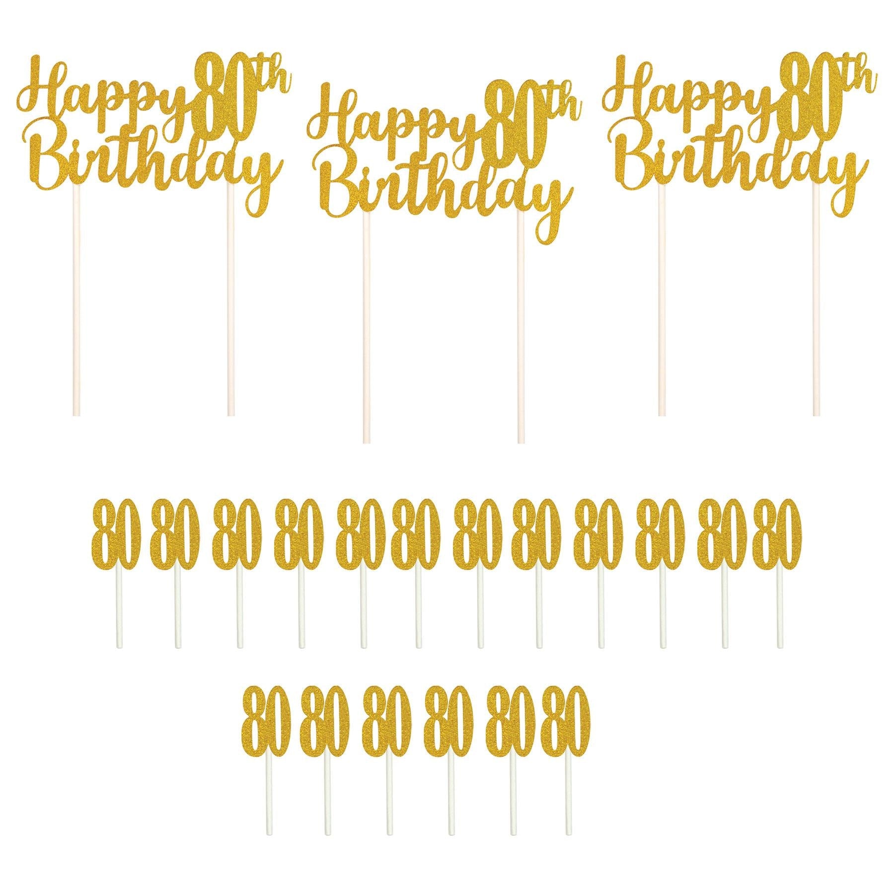 12 Pack Beistle Happy 80th Birthday Cake Toppers - Gold Foil Decorations for Anniversary Celebrations, Retirement Parties & Milestone Events