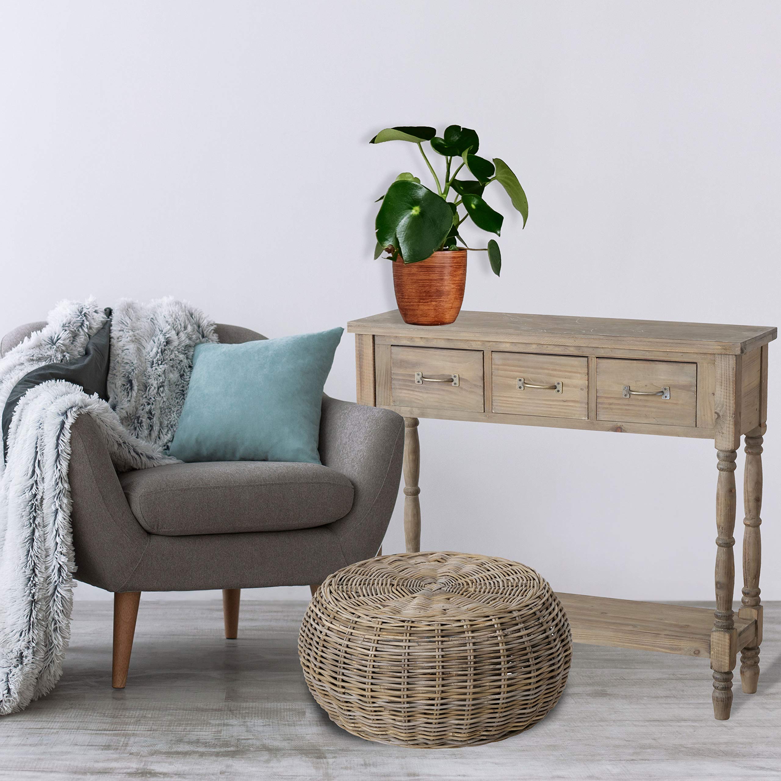 WHW Whole House Worlds Hamptons Low Rise Rattan Coffee Table - Wicker Weave Circular Design, 28.25 Inch Diameter x 13.5 Inch Height, 10.5 lbs - Perfect for Living Room, Patio, or Beach House Decor