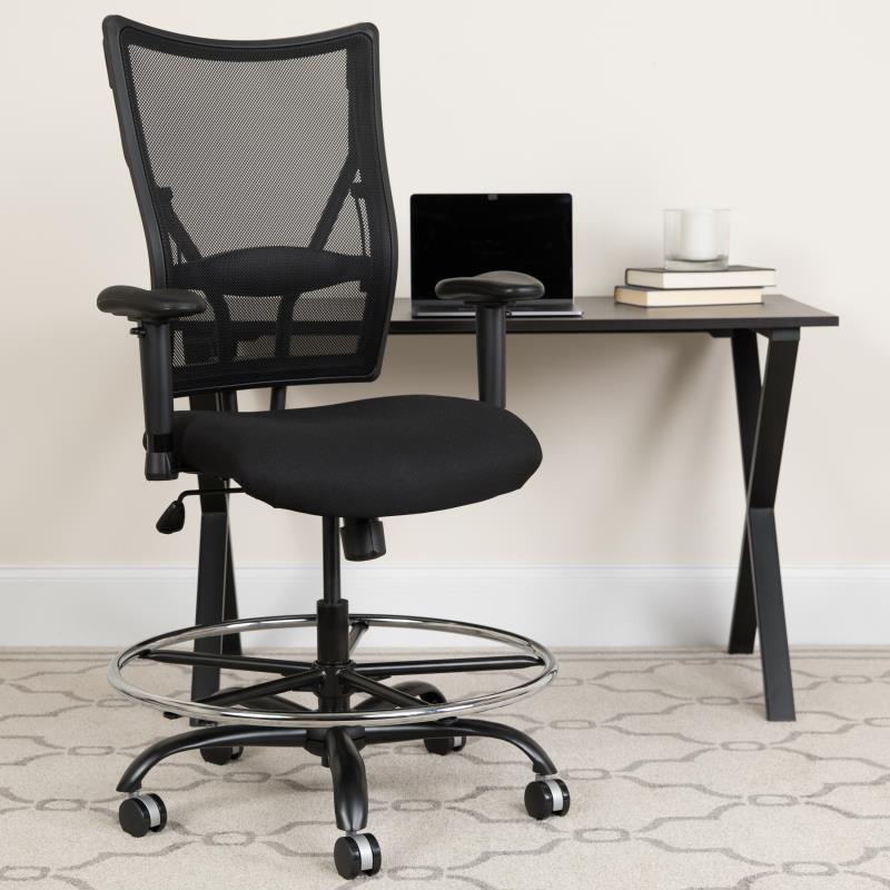 FLASH HERCULES Series Big & Tall 400 lb. Capacity Black Mesh Ergonomic Drafting Chair with Adjustable Arms - Perfect for Office, Gaming, and Home Workspaces