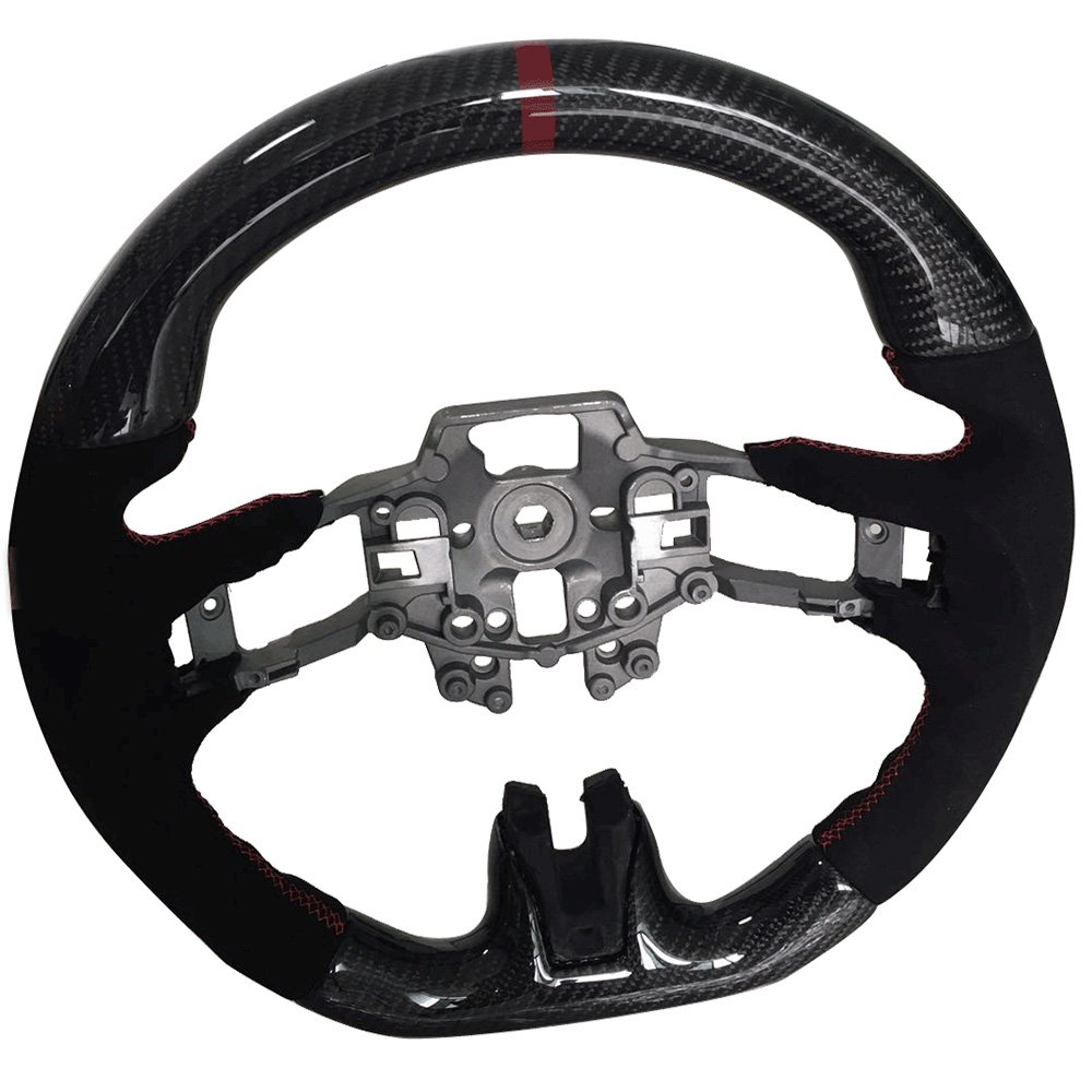 IKON MOTORSPORTS V3 Style Carbon Fiber Steering Wheel with Red Synthetic Suede Ring - Compatible with 2015-2017 Ford Mustang | Perfect for Racing, Drifting & Performance Driving