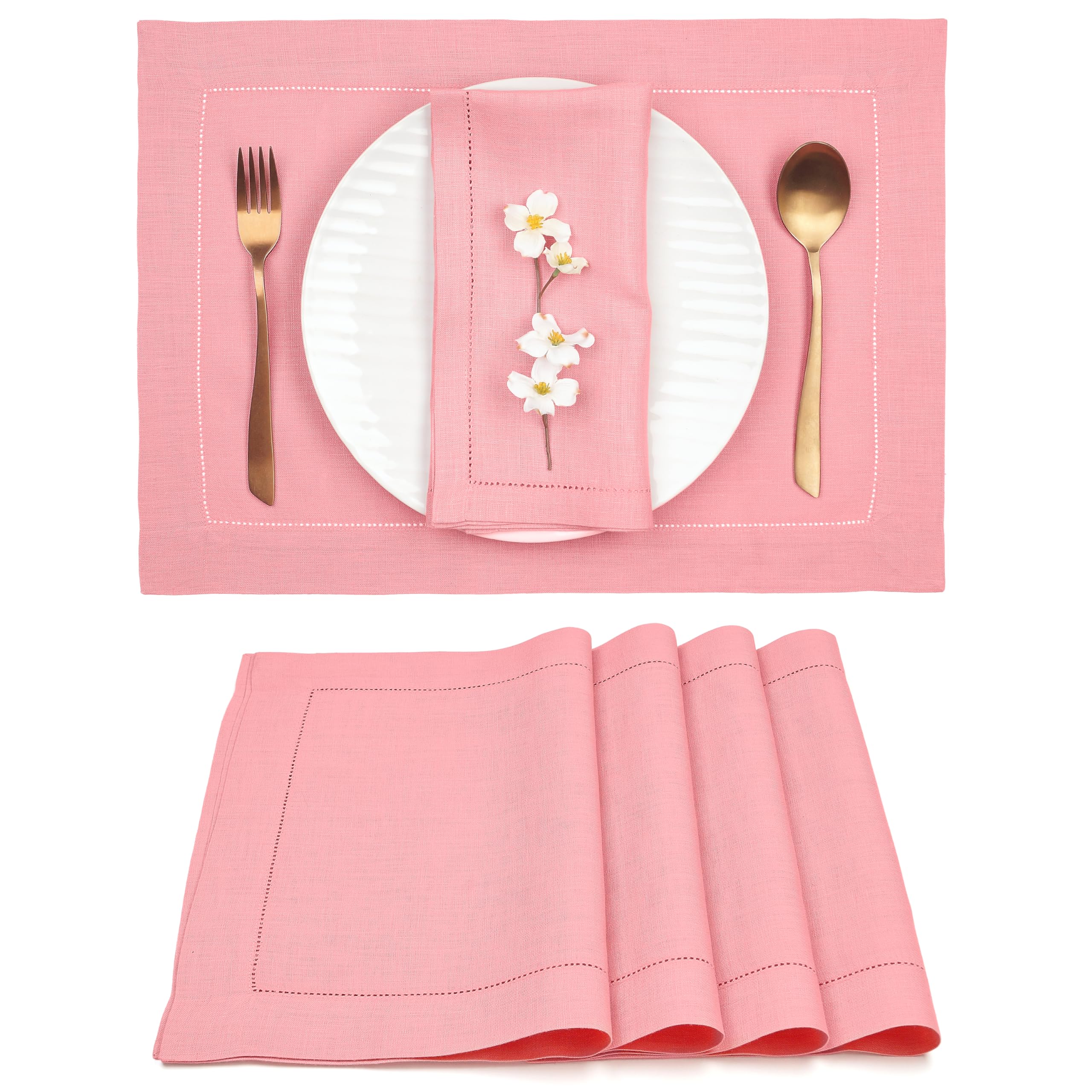 D'Moksha Homes 100% Pure Linen Placemats Set of 4 - 14x19 Inch Dusty Pink Table Mats with Classic Hemstitch, Washable & Durable - Perfect for Easter, Spring Dining, Wedding Decor, and Everyday Table Setting