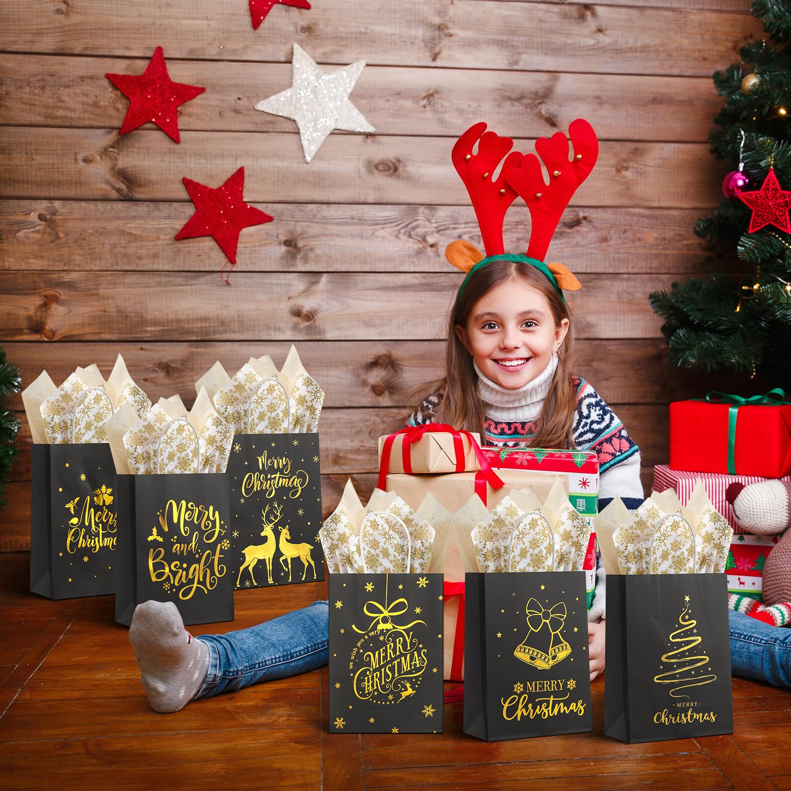 24-Piece Christmas Gift Bags Bulk Set with Snowflake Tissue Paper - 6 Elegant Black & Gold Foil Designs, Small Reusable Party Favor Bags with Handles - Perfect for Holiday Gifting, Xmas Treats, Office Exchanges & Festive Celebrations